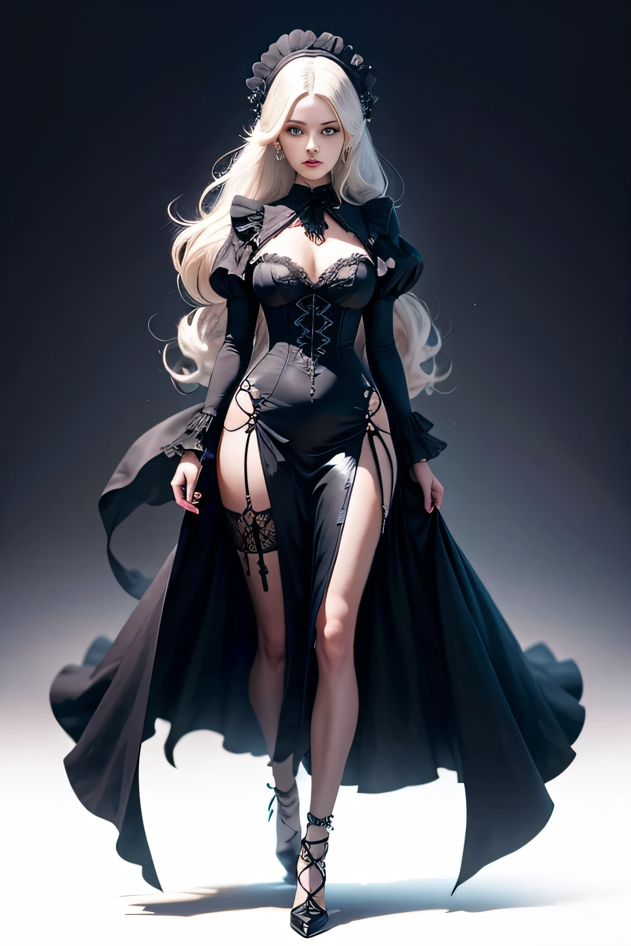 FS, an albino girl with perfect 10 features and long black Rapunzel-like hair, stands in a picturesque Avatar-like scene. Her body is graceful with a petite bust and slender legs. The girl looks stunning in a sheer organza dress with intricate designs. Her high-heeled shoes are elegant with golden patterns. The sunlight creates a subtle silhouette around her contours from the back, while soft and filling light illuminates her from the front. This scene has photorealistic qualities and is a concept art that creates a wow effect of:2. It can be found on the website 500px with hyper-superior details of:2. --auto --s2