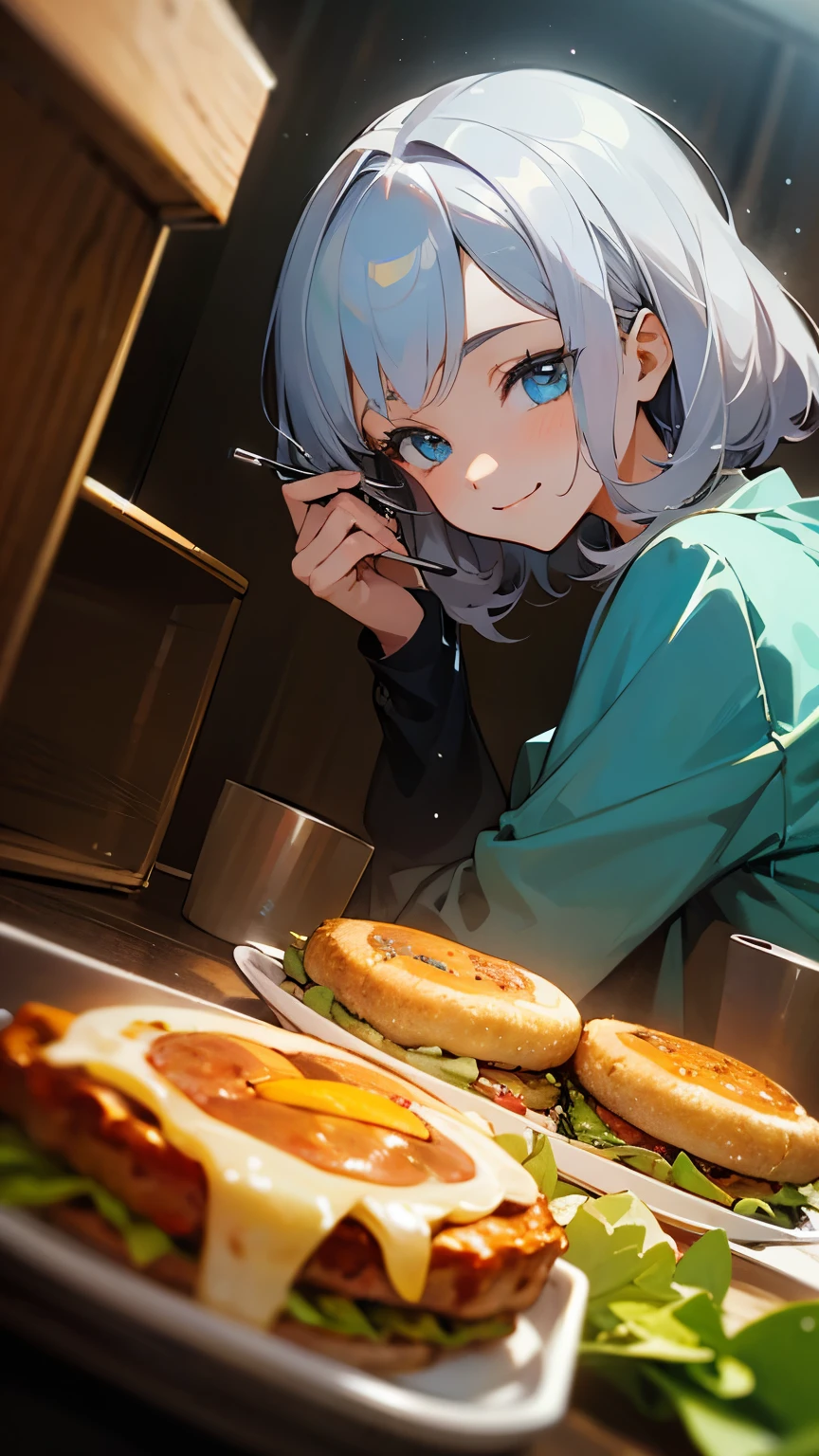 -yeld giAnime style painting、Upper body close-up、smile、From the side, impression, (Oil), Green and orange tones、Silver Hair, (Sparkling blue eyes)、Eat hamburger steak