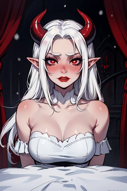 
Masterpiece, best quality, demoness, young, inexperienced, portrait, horns, portrait style photo, snow white skin, face in center of photo, shy girl, surprised, apologetic face, meek, red lips, black demonic dress, long flowing hair, blushing, bright white hair,  boy's bedroom setting, blood red eyes