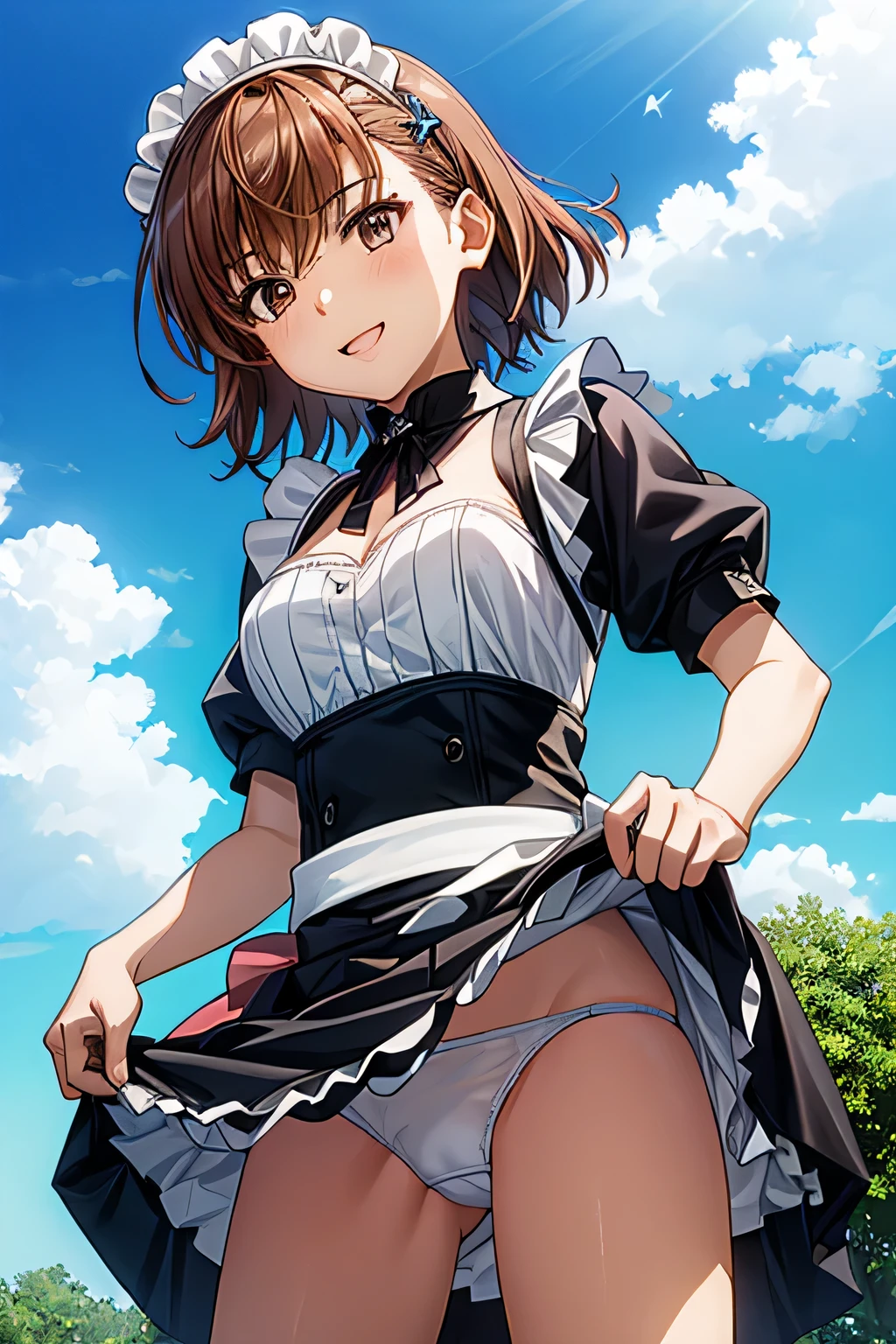 misaka mikoto, 1girl,18yo,brown short hair,perfect hands, perfect finger,perfect anatomy,masterpiece, best quality,realistic, hyperrealistic, 16k hdr, outdoors,blue sky,strong wind,from below,(happy smile),(skirt lift herself:1.5),(show off panty),(sexy maid dress,head dress,cleavage,ultra miniskirt:1.3),from below