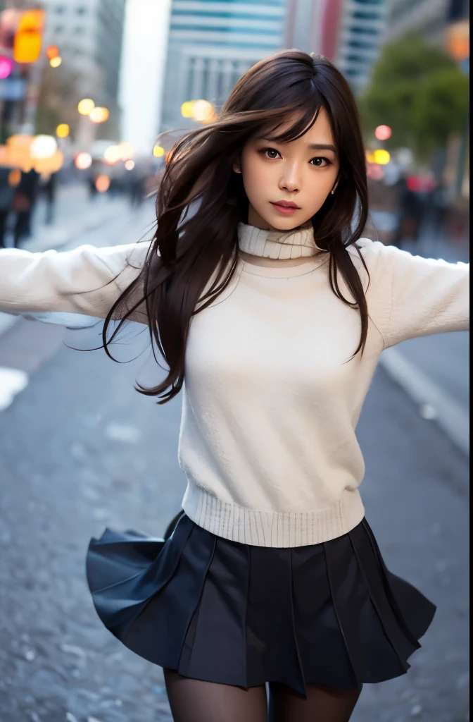 One girl, (View your viewers),  (Bokeh:1.1), Lips parted,Expressionless, Realistic, Raise your arms, tights,
skirt, Skyline,
Realistic, 