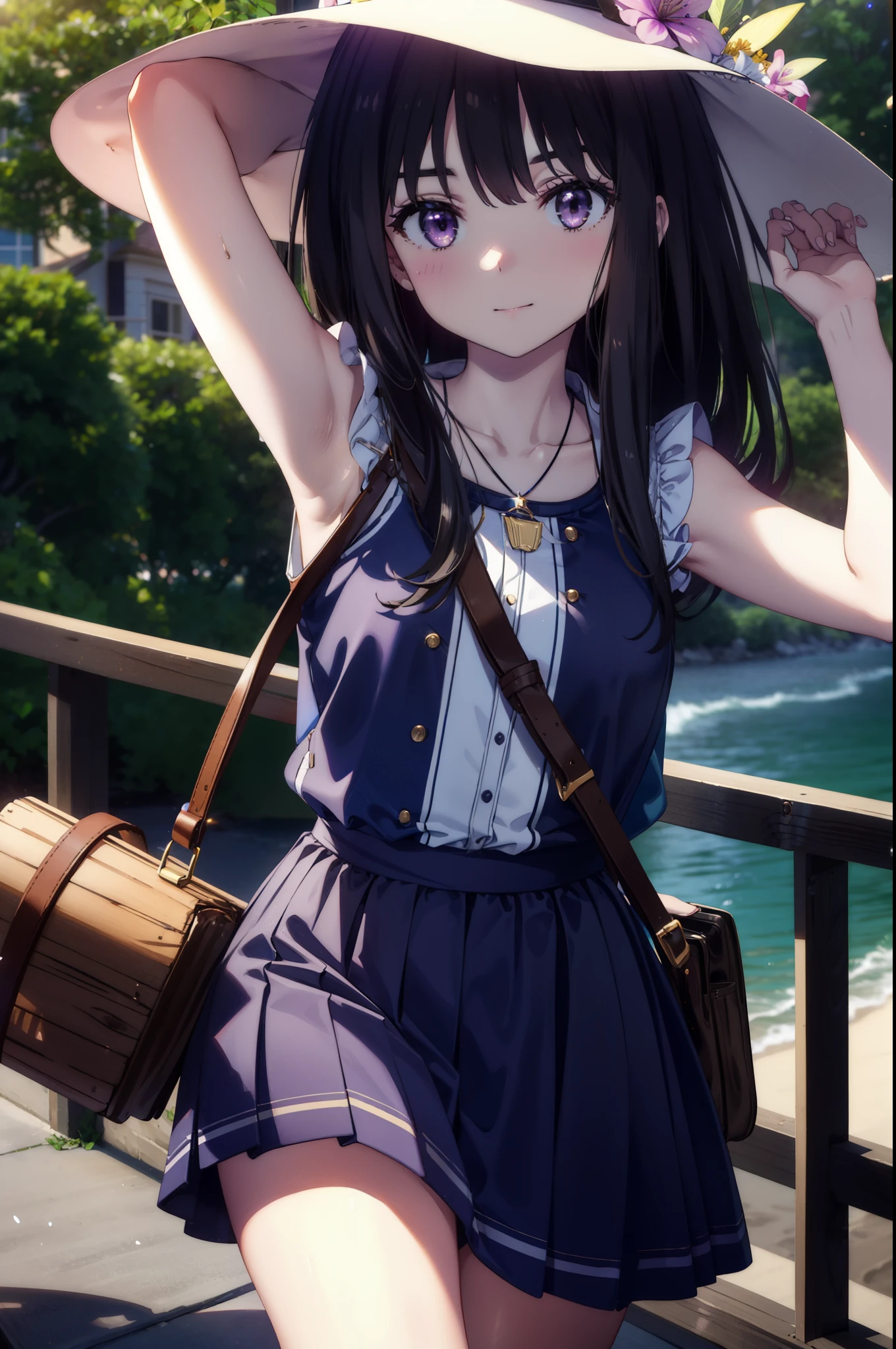 Takiuchi, Inoue Check, Long Hair, bangs, Black Hair, (Purple eyes:1.2),happy smile, smile, Open your mouth,smile,blush,Blue long skirt dress,Sleeveless,Bare arms,Rocket Pendant,Cute Sandals,White Hat,real summer,sunny,As if your whole body is in the illustration,
break outdoors, Coastal Road,
break looking at viewer, (Cowboy Shot:1.5),
break (masterpiece:1.2), highest quality, High resolution, unity 8k wallpaper, (shape:0.8), (Beautiful details:1.6), Highly detailed face, Perfect lighting, Extremely detailed CG, (Perfect hands, Perfect Anatomy),