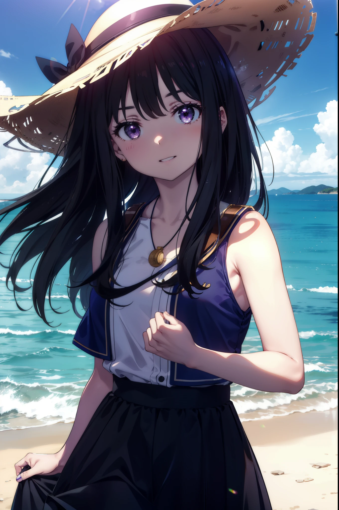 Takiuchi, Inoue Check, Long Hair, bangs, Black Hair, (Purple eyes:1.2),happy smile, smile, Open your mouth,smile,blush,Blue long skirt dress,Sleeveless,Bare arms,Rocket Pendant,Cute Sandals,White Hat,real summer,sunny,As if your whole body is in the illustration,
break outdoors, Coastal Road,
break looking at viewer, (Cowboy Shot:1.5),
break (masterpiece:1.2), highest quality, High resolution, unity 8k wallpaper, (shape:0.8), (Beautiful details:1.6), Highly detailed face, Perfect lighting, Extremely detailed CG, (Perfect hands, Perfect Anatomy),