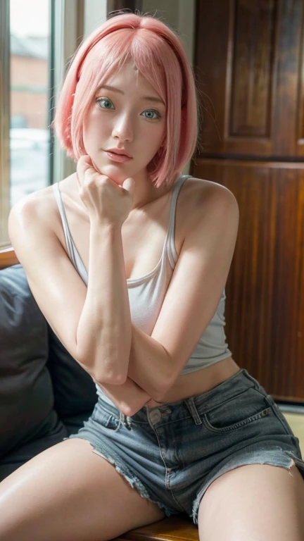 masterpiece, ,(solo:1.1), perfect face, (bright lighting:1.2),beautiful detailed eyes, extremely detailed face, perfect lighting,masterpiece, best quality, 1girl,haruno sakura, thick thighs, sexy pose, tanktop, short pants