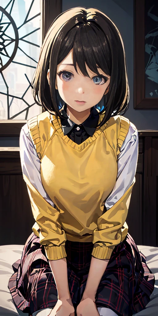 (nsfw)(Mizuno Akane)(GYARU)(DARK SKIN), maternal, alone, 1 girl, pink hair, purple eyes, short hair, hair flower, sweater vest, (yellow sweater:1.2), big eyes, plaid skirt, black stockings, (masterpiece:1.2, highest quality), (Beautiful detailed eyes: 1.2), (detailed background, dark fantasy), (beautiful and detailed face), high contrast, (best illumination, very delicate and beautiful), ((cinematic light)), colorful, hyper detail, dramatic light, intricate details, (sharp facial hair between the eyes, dynamic angle), Black light swirls around the character, Depth of the bounds written, black light particles,(Broken glass),magic circle