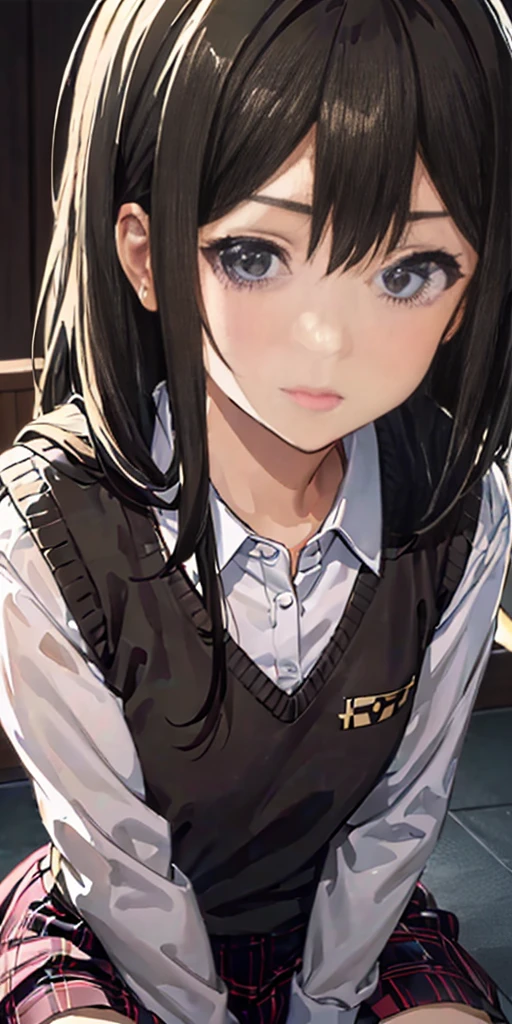 (nsfw)(Mizuno Akane)(GYARU)(DARK SKIN), maternal, alone, 1 girl, pink hair, purple eyes, short hair, hair flower, sweater vest, (yellow sweater:1.2), big eyes, plaid skirt, black stockings, (masterpiece:1.2, highest quality), (Beautiful detailed eyes: 1.2), (detailed background, dark fantasy), (beautiful and detailed face), high contrast, (best illumination, very delicate and beautiful), ((cinematic light)), colorful, hyper detail, dramatic light, intricate details, (sharp facial hair between the eyes, dynamic angle), Black light swirls around the character, Depth of the bounds written, black light particles,(Broken glass),magic circle
