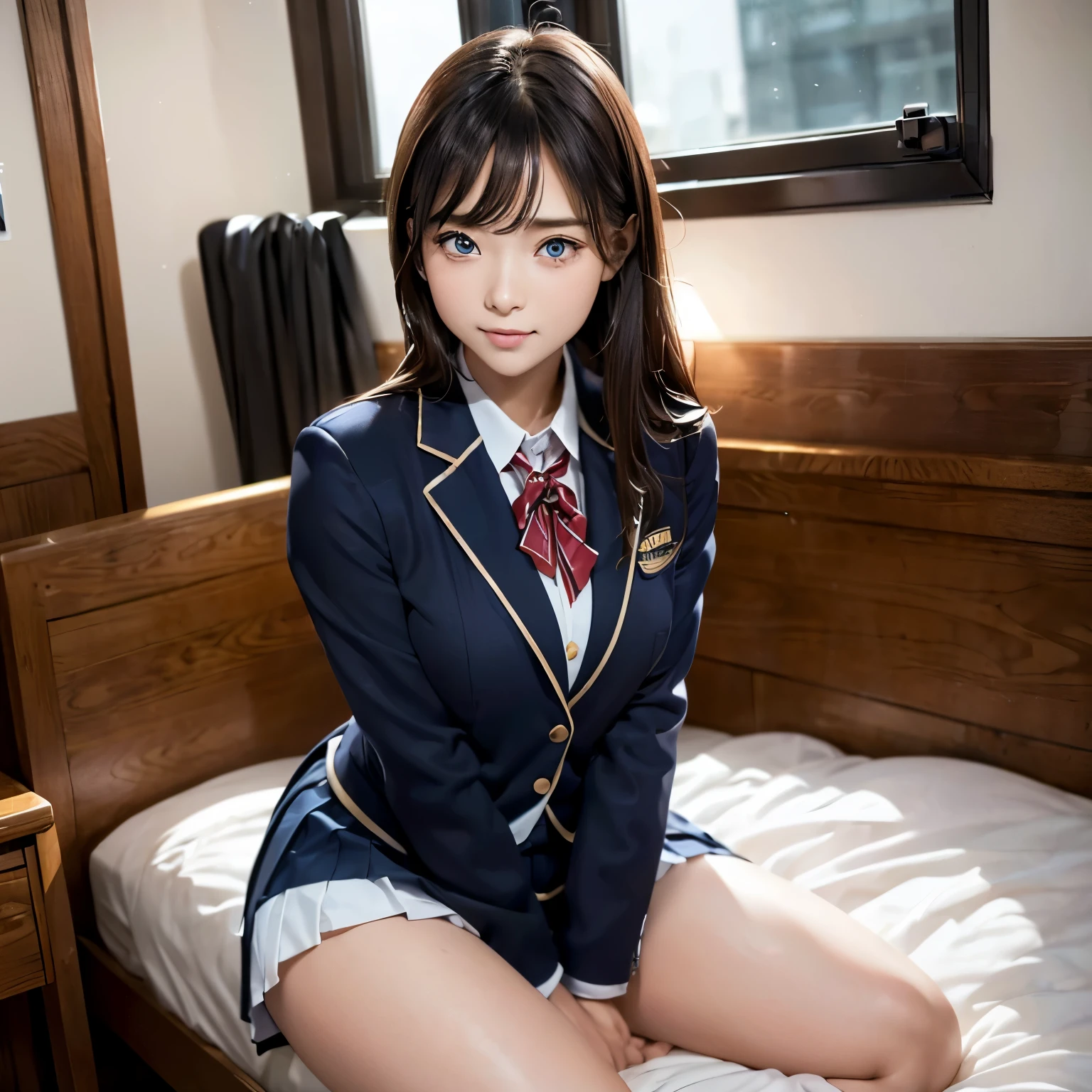 (masutepiece:1.3), 8K, top-quality, ​masterpiece, 超A high resolution, (Photorealsitic:1.4), Perfect dynamic composition, Highly detailed skin and eye and face texture:1.3, inside a classroom, 1girl in, cute sexy high , tilt the neck, ((I like you furiously:1.35, Open valley:1.1)), Fair skin, ((High School Girl Blazer Uniform:1.3)), Beautiful blue eyes, Eyes that feel beautiful eros:0.6, (I'm crying because I'm glad to see you:1.25, Hold the gift box in front of your chest with both hands:1.2), Sexy face:0.4, red blush:1.1, A mouthfeel that feels beautiful eros:1.1, Duck mouth, Open valley:1.1, Well-shaped big:0.4, beauty legs, (Too erotic:1.08)