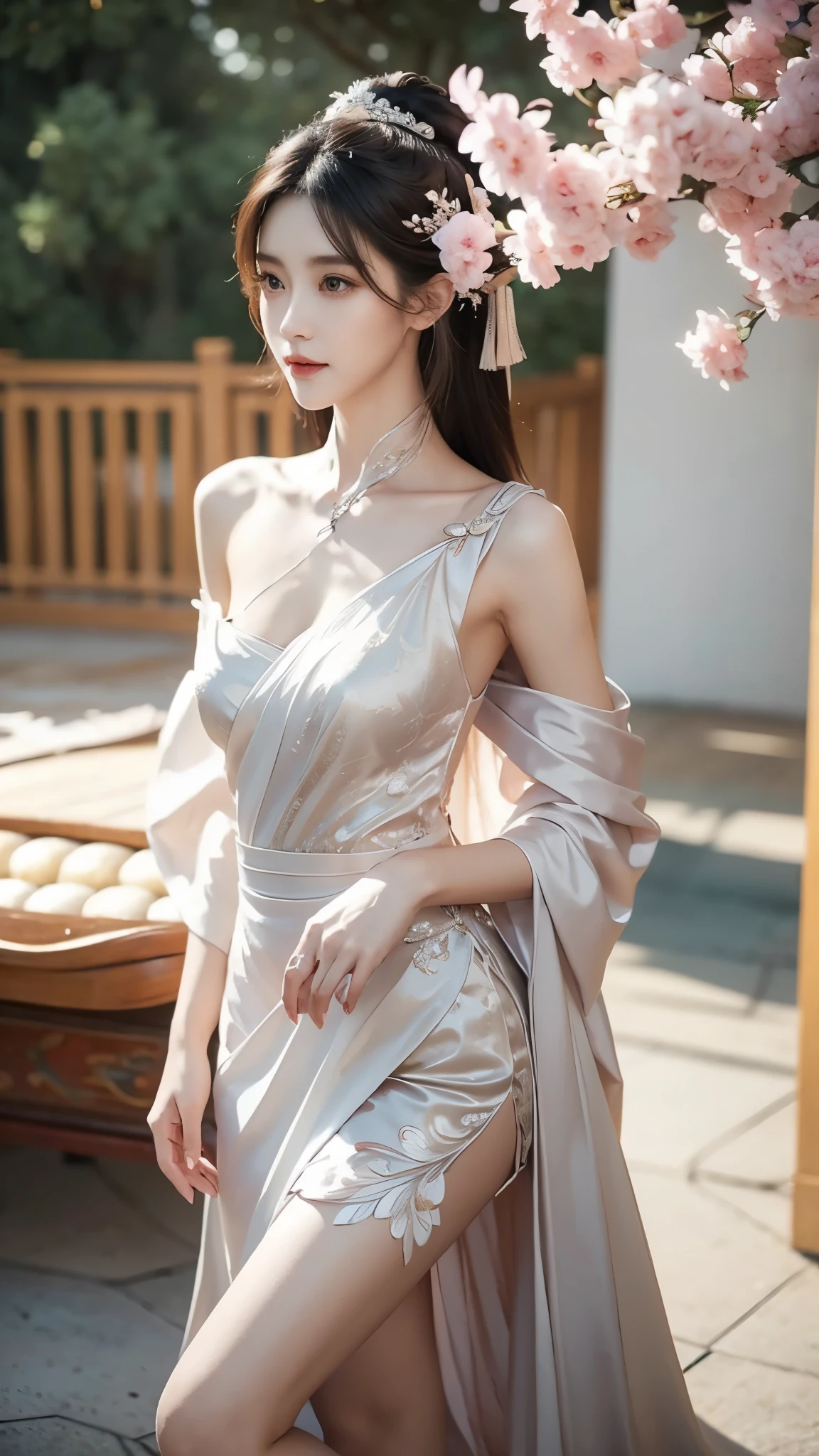 ((Bare shoulder)), ((knee shot)), ((Standing walking)), ((Elegant and charming posture)), ((Close shot)), shot of woman with flowers in hair, Portraits inspired by Du Qiong, CG trends, Reality, Gorgeous Chinese model, traditional beauty, Chinese girl, cgstation trends, Popular topics on cgstation, Chinese style, palace ， Cute and delicate face, beautiful girl, A beautiful young womanAnatomically correct