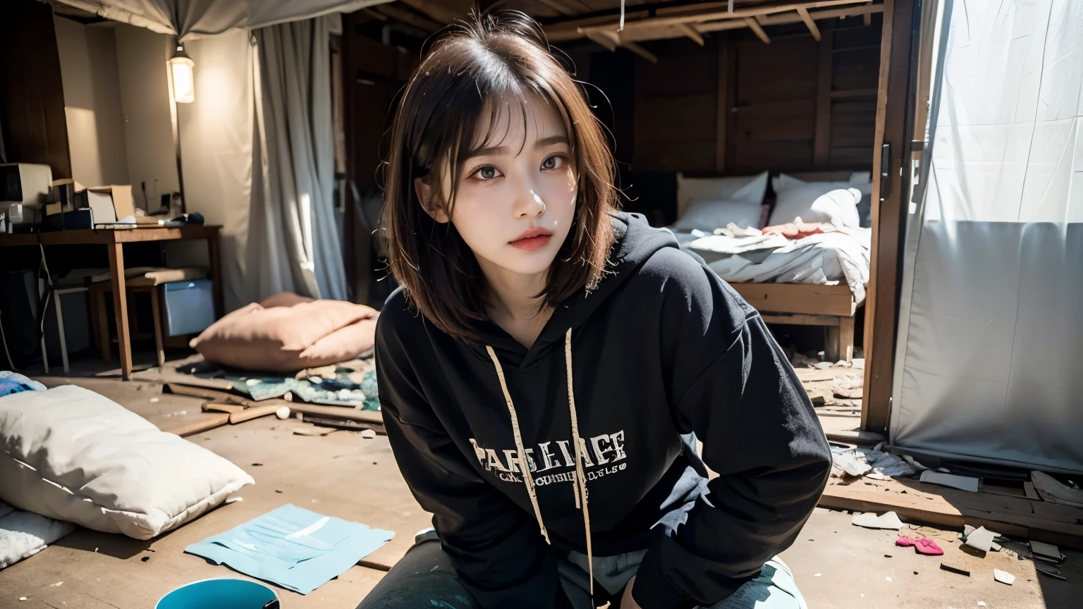 18-year-old,Homeless,Korean women,Pitch black,Tattered clothes,(((The collapsed room))),(((Slums))),Crouching,((( in a destroyed city,Oil,Mud stains))),(((Frowning,カメラをGlaring))),((((Rubble pile))),After the disaster,Very fine eye, junk,((Inside the barrack tent)),((refuge)),(((He's wearing a tattered and dirty black hoodie.,Wearing baggy pants))),(((Collapsing Building))),(((Tragic))),((photograph)),(((Fabric Shading))), (((highest quality))), (((masterpiece))) strong girl, ((((Realistic)))),,Black Hair, chic hairstyle, ((With bangs,Straight medium bob cut, nice hair)), Light makeup,Red eyes, (((I'm not wearing lipstick))), (nice, strong), (((Strong night atmosphere))), Centered Images, Looking at the camera, Elegant colors,Realistic Skin,Realistic texture,8k,whole body,Pale skin,Red iris,Expressionless,Glaring,Perfect Face,(((Big eyes)))