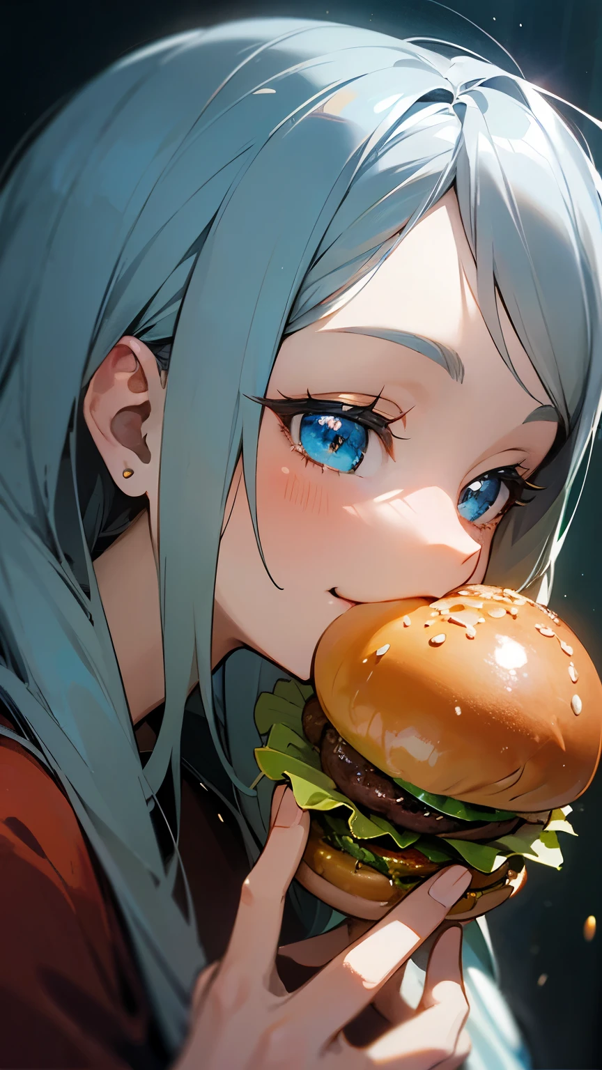 -yeld giAnime style painting、Upper body close-up、smile、From the side, impression, (Oil), Green and orange tones、Silver Hair, (Sparkling blue eyes)、Eating a hamburger