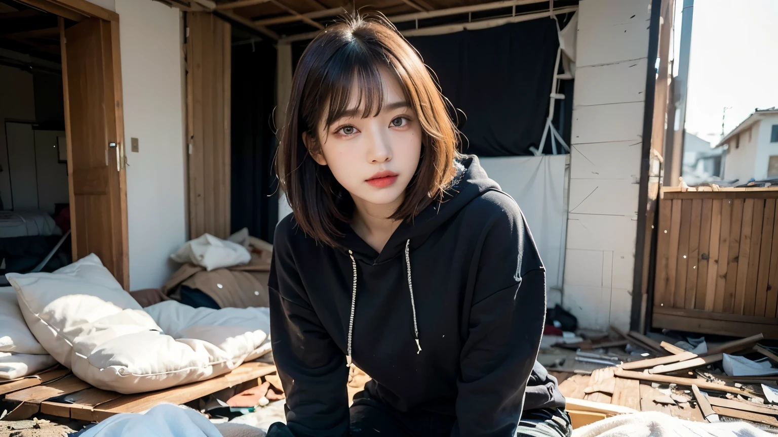 18-year-old,Homeless,Korean women,Pitch black,Tattered clothes,(((The collapsed room))),(((Slums))),Crouching,((( in a destroyed city,Oil,Mud stains))),(((Frowning,カメラをGlaring))),((((Rubble pile))),After the disaster,Very fine eye, junk,((Inside the barrack tent)),((refuge)),(((He&#39;s wearing a tattered and dirty black hoodie.,Wearing baggy pants))),(((Collapsing Building))),(((Tragic))),((photograph)),(((Fabric Shading))), (((highest quality))), (((masterpiece))) strong girl, ((((Realistic)))),,Black Hair, chic hairstyle, ((With bangs,Straight medium bob cut, nice hair)), Light makeup,Red eyes, (((I&#39;m not wearing lipstick))), (nice, strong), (((Strong night atmosphere))), Centered Images, Looking at the camera, Elegant colors,Realistic Skin,Realistic texture,８k,whole body,Pale skin,Red iris,Expressionless,Glaring,Perfect Face,(((Big eyes)))