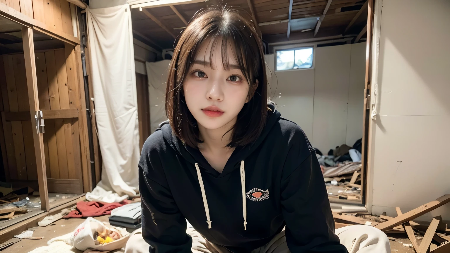 18-year-old,Homeless,Korean women,Pitch black,Tattered clothes,(((The collapsed room))),(((Slums))),Crouching,((( in a destroyed city,Oil,Mud stains))),(((Frowning,カメラをGlaring))),((((Rubble pile))),After the disaster,Very fine eye, junk,((Inside the barrack tent)),((refuge)),(((He's wearing a tattered and dirty black hoodie.,Wearing baggy pants))),(((Collapsing Building))),(((Tragic))),((photograph)),(((Fabric Shading))), (((highest quality))), (((masterpiece))) strong girl, ((((Realistic)))),,Black Hair, chic hairstyle, ((With bangs,Straight medium bob cut, nice hair)), Light makeup,Red eyes, (((I'm not wearing lipstick))), (nice, strong), (((Strong night atmosphere))), Centered Images, Looking at the camera, Elegant colors,Realistic Skin,Realistic texture,8k,whole body,Pale skin,Red iris,Expressionless,Glaring,Perfect Face,(((Big eyes)))