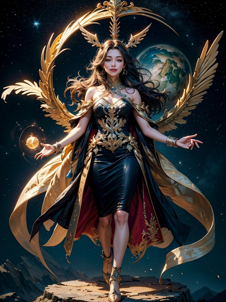 ((highest quality, 8k, masterpiece: 1.3)),（Real 8K,　7-Head Beauty）Full-body slender beauty、Golden Sagittarius Astrolabe in Sagittarius，Image of Sagittarius, Ajin, half marathon，((Charming Sagittarius female characters:1.2),(Sagittarius symbol:1.1),Starry sky background,The stars are twinkling,A mysterious feeling,Elements of the universe,A solemn and profound atmosphere,Gorgeous decorative details,Captivating eyes,Long hair flows,Starlight decoration,Dream colors)、Good smile