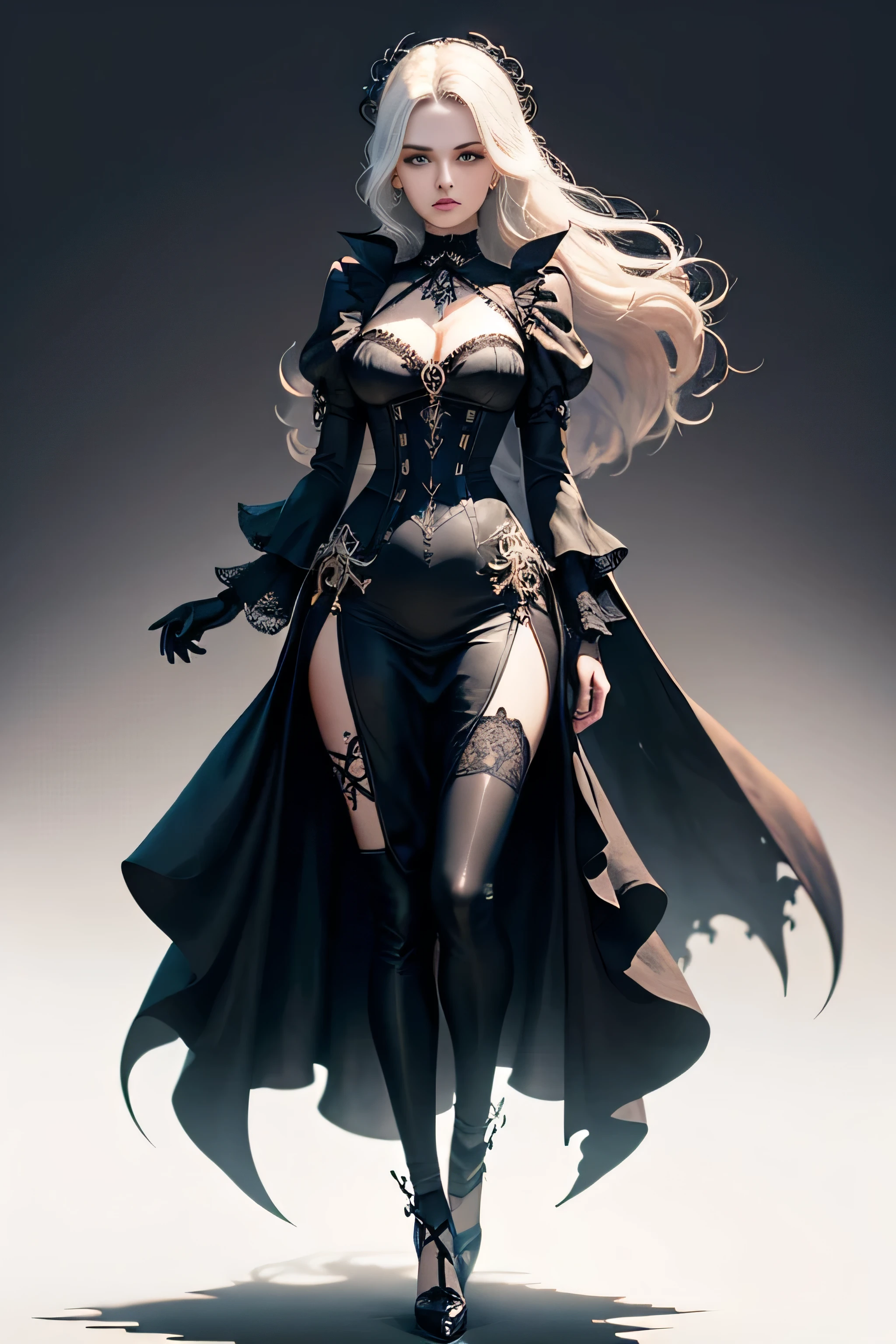 Create an extravagant full-body portrayal of a woman in Gothic style, emphasizing the "woman" theme. The design should feature Gothic elements such as lace, ribbons, and Victorian details, showcasing an elegant and intricate style. Utilize a color palette of black, white, and pastel tones to capture the unique Gothic aesthetic. The design must be eye-catching, with the woman centered in the image against a white background. She should fit well within the space, ensuring she does not touch the edges of the canvas. No text should be included in the image.