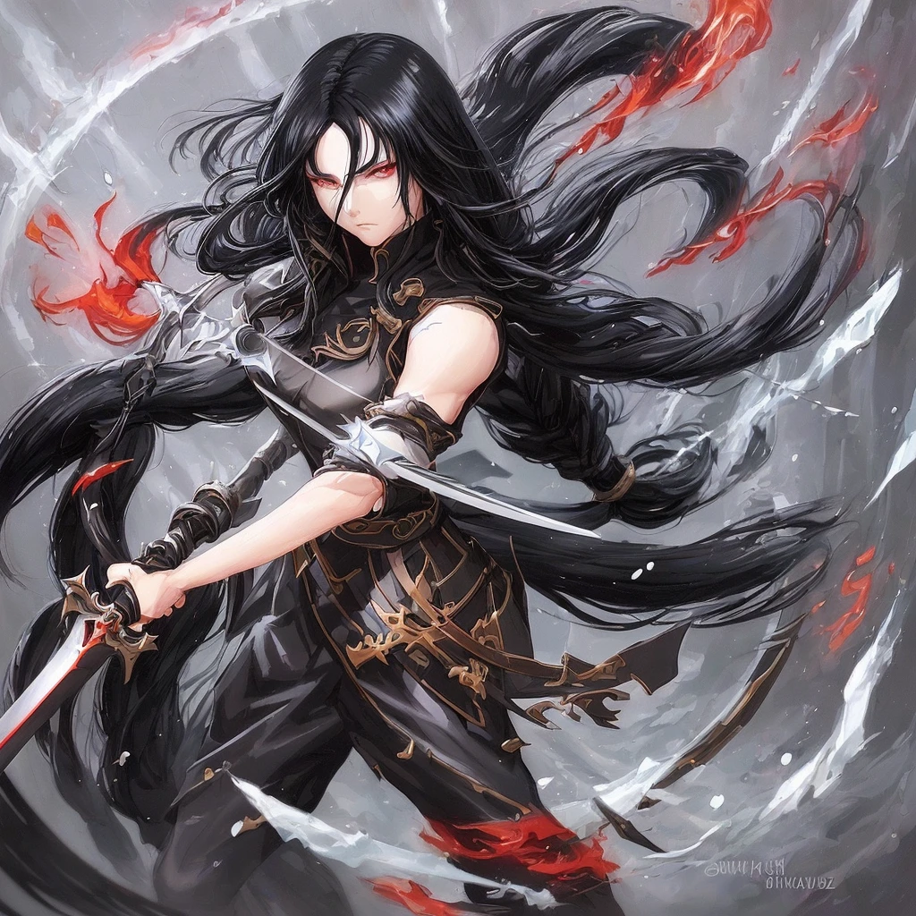 a close up of a person with black hair and a sword, black haired deity, with white long hair, with long black hair, artwork in the style of guweiz, black haired, guweiz, handsome guy in demon slayer art, beautiful character painting, by Yang J, black-haired, guweiz on pixiv artstation, anime character