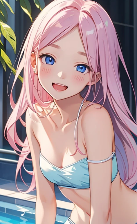 (masterpiece:1.4、top-quality、illustration:1.4,realistic、)、(character focus、breast focus,upper body:1.3)、(1girl),(Open mouth happy smile:1.3),(half closed eyes),cute face,blue eyes、()、
,(stand:1.4),(Shining smile),
,(slender),(white strapless tankini:1.3),(pink long hair:1.6,forehead:1.3), (small breasts:1.3)、
、slender、pool,、