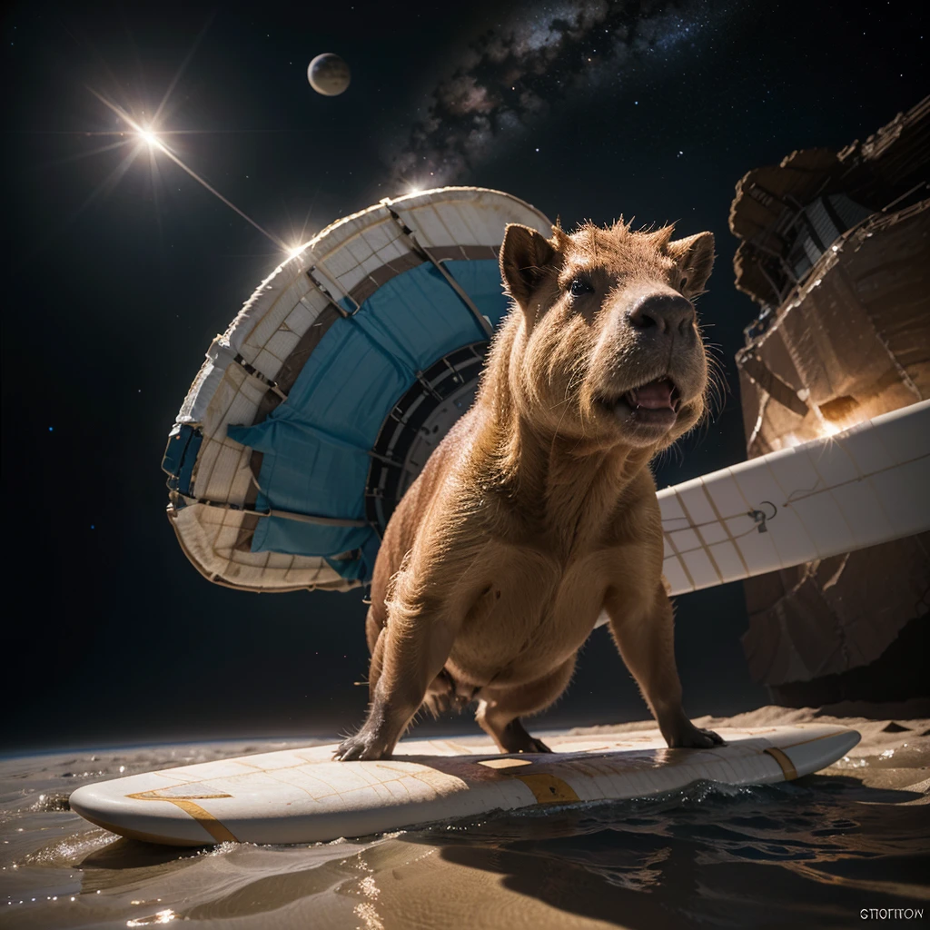Best quality,masterpiece,ultra-detailed high res,(photorealistic),raw photo,illustration, A Capybara surfing on surf board, in the space. Wearing an astronaut helmet. backround space, stars and planets. funny, cinematic lighting, special light effects