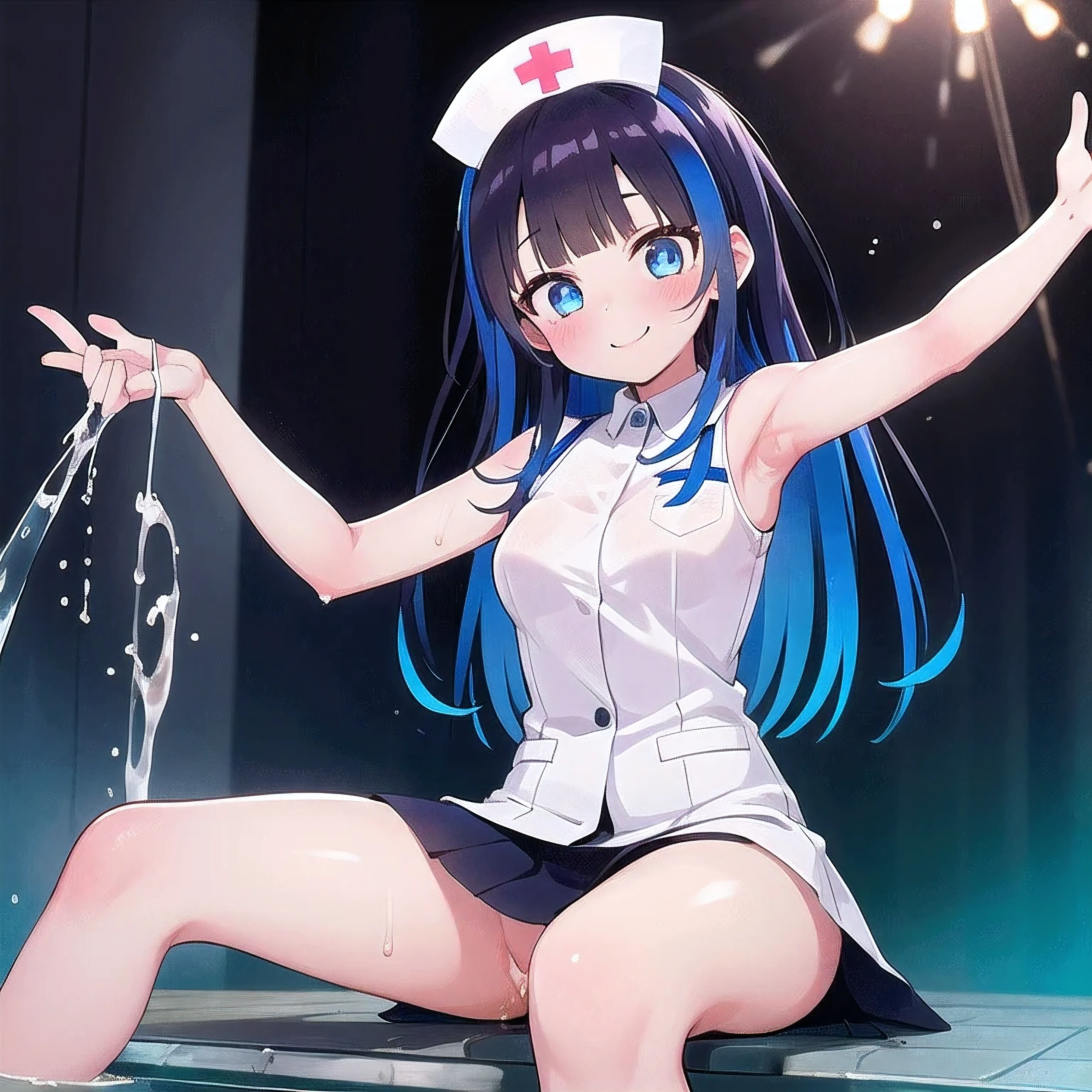 a matter of fact, daytime, sunlight, 1 girl, 8K resolution, blue hair, blue eyes, glowing eyes, white short skirt, Blush, nurse cosplay, sleeveless shirt, sunlight, Wet from the rain, seethrough, Sit with your knees raised, pussy, smile, the skirt is lifted up, highest quality, perfect lighting, perfect hands, perfect anatomy, mini yaemori, perfect figure, in love expression, armpit, semen drip from pussy,