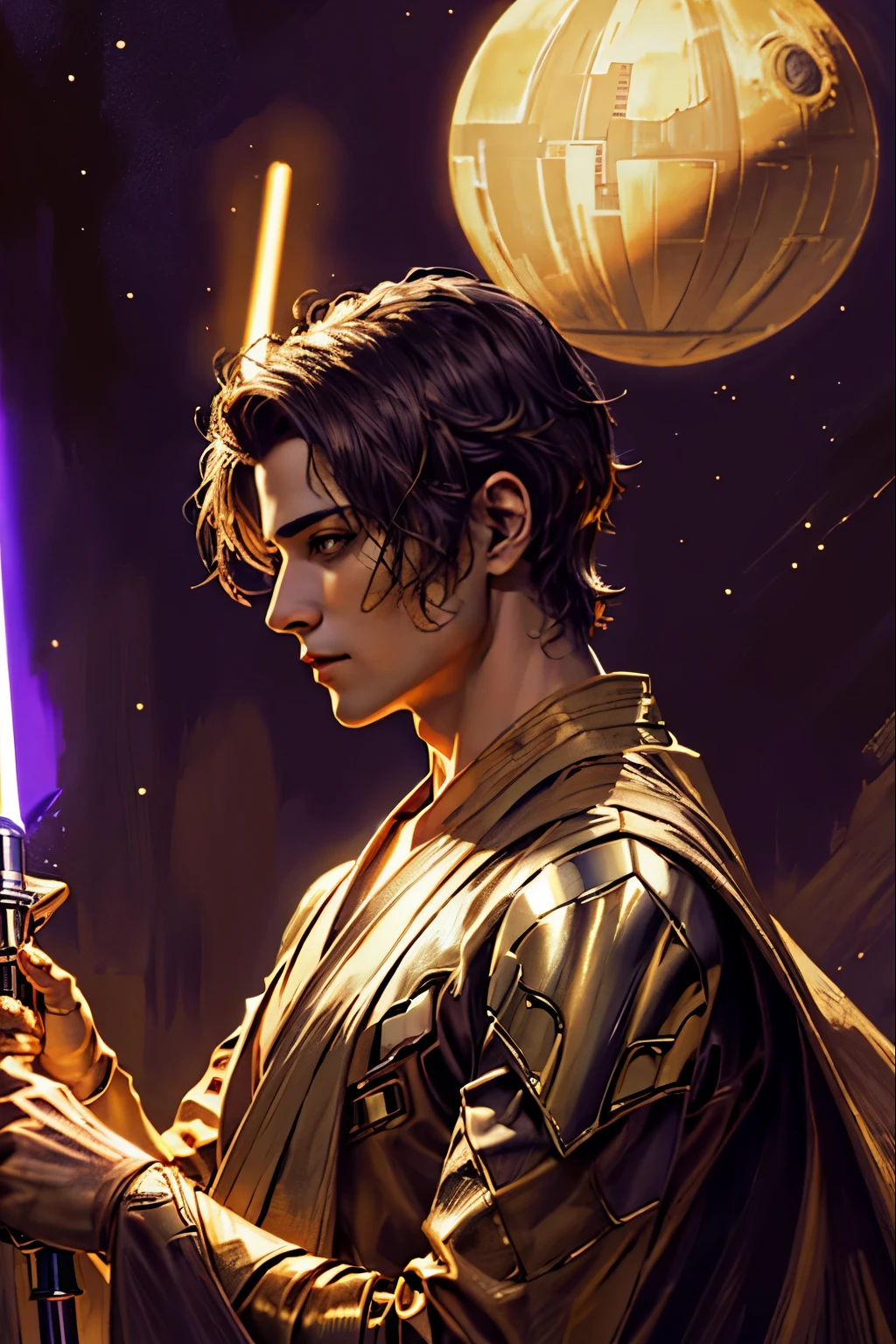 "(best quality,highres),sexy male jedi knight,beautiful detailed eyes,long eyelashes light tan robe, holding a morado lightsaber, portraits,star wars background,vivid colors,studio lighting"