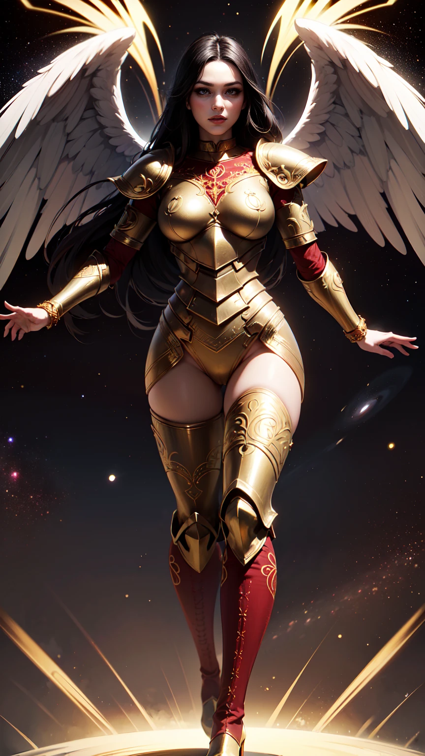 Best quality, 8K,woman, beautiful and detailed face, straight long hair,big eyelashes,(((dark red and gold embroided space armour))),((big open angel´s WHITE wings)),armlets,black belt,high heels over the knee boots,white neutral scenario,DYNAMIC ANGLE, ((dynamic pose))