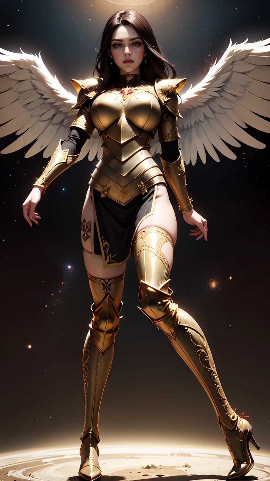 Best quality, 8K,woman, beautiful and detailed face, straight long hair,big eyelashes,(((dark red and gold embroided space armour))),((big open angel´s WHITE wings)),armlets,black belt,high heels over the knee boots,white neutral scenario,DYNAMIC ANGLE, ((dynamic pose))