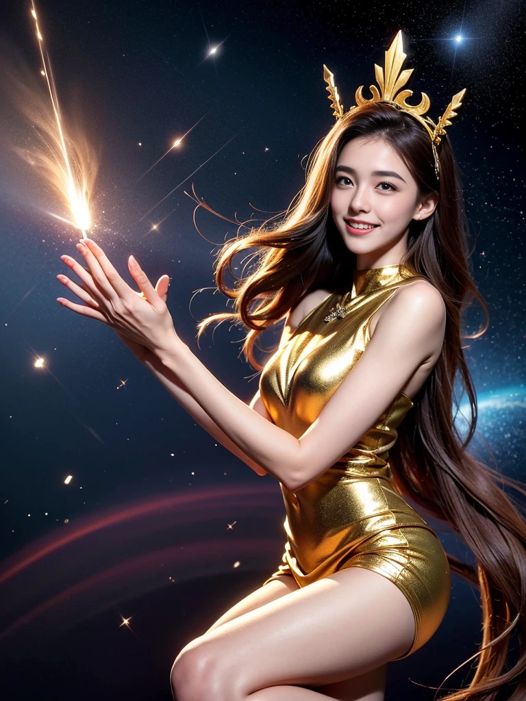 ((highest quality, 8k, masterpiece: 1.3)),（Real 8K,　7-Head Beauty）Full-body slender beauty、Golden Sagittarius Astrolabe in Sagittarius，Image of Sagittarius, Ajin, half marathon，((Charming Sagittarius female characters:1.2),(Sagittarius symbol:1.1),Starry sky background,The stars are twinkling,A mysterious feeling,Elements of the universe,A solemn and profound atmosphere,Gorgeous decorative details,Captivating eyes,Long hair flows,Starlight decoration,Dream colors)、Good smile