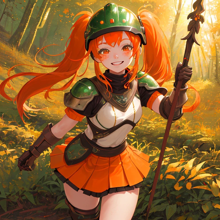 masterpiece, highest quality, 8k wallpaper, Very detailed, 1 girl, Orange Hair, Twin tails, fine grain, Has a spear, warrior outfit,in the forest, Autumn season, Bright smile，freckles，dark，Wearing a helmet，mini skirt