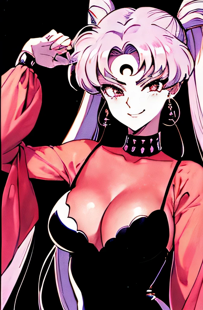 ((masterpiece,best quality)), absurdres,
Black_Lady_Sailor_Moon,
solo, smiling, looking at viewer, cowboy shot,
cinematic composition, dynamic pose,evil smile,evil smirk,(masterpiece:1.0),(Highest_quality:1.0), 超High resolution,4k,Super detailed, photo shoot, 8K, HDR, High resolution,EPTakeuchiNaokoStyle, 1990s \(style\), anime screencap, retro artstyle, anime coloring, traditional media,face focus,dark aura,black darkness,latex,