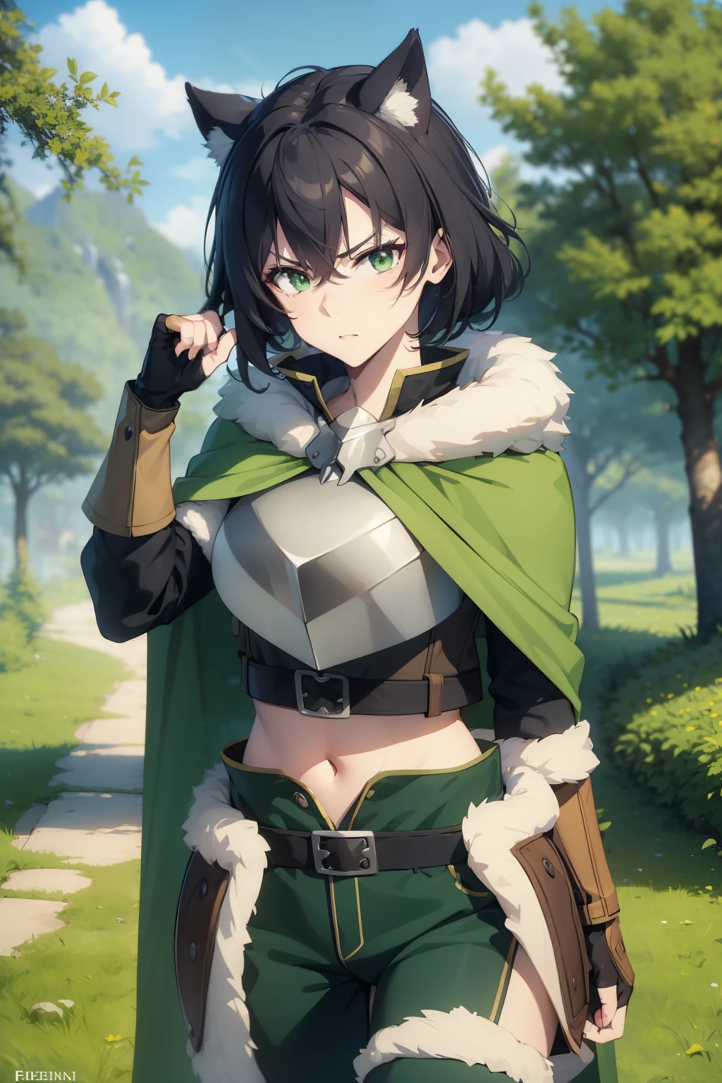 (masterpiece), best quality, expressive eyes, perfect face, highres, 1 girl, solo, (female body:1.3), iwatani naofumi girl , angry , black hair, green eyes, fur trim, armor, green cape, pants, fingerless gloves, outdoor , shield , forest, trees, standing, portrait, 