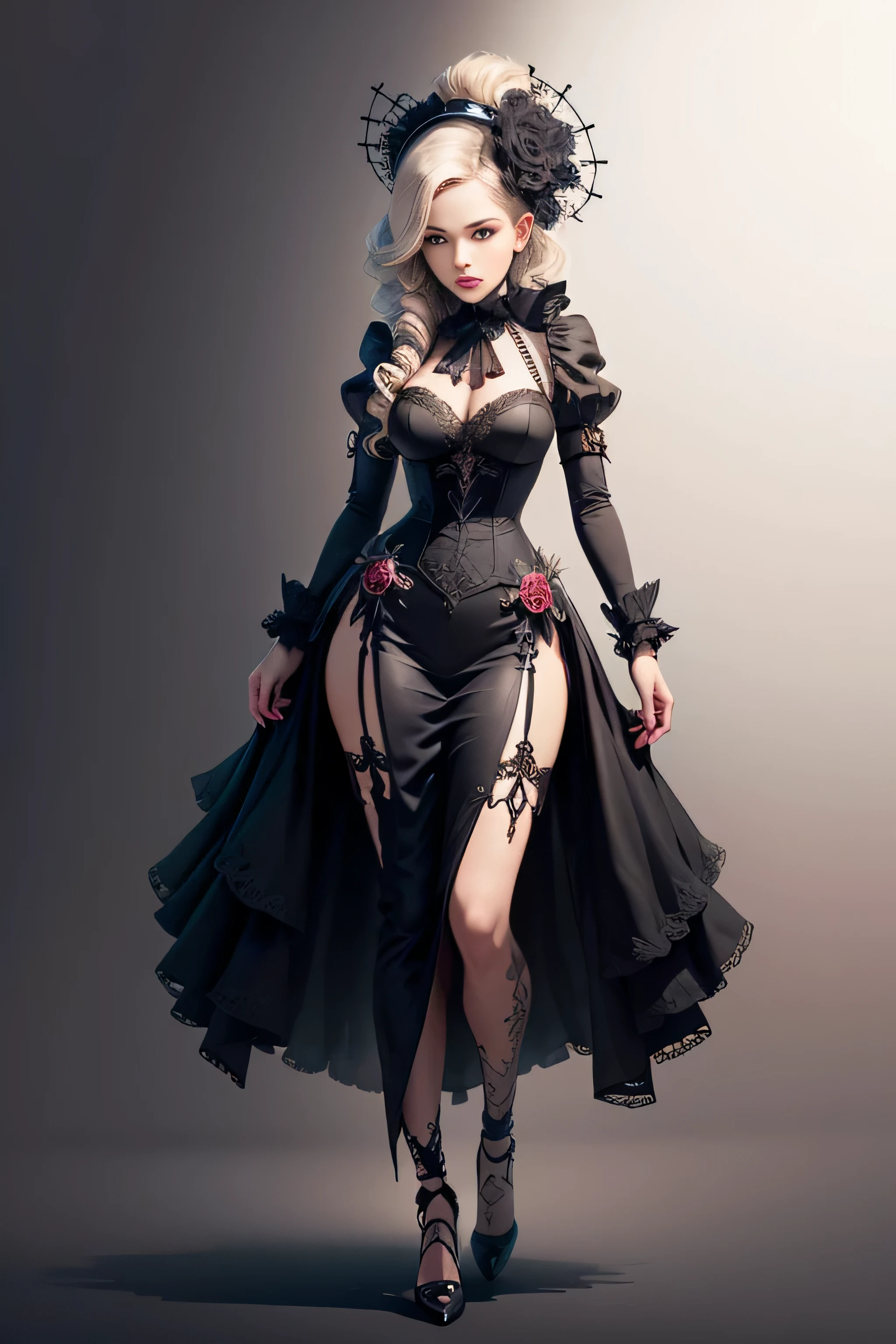 Create an extravagant full-body portrayal of a woman in Gothic style, emphasizing the "woman" theme. The design should feature Gothic elements such as lace, ribbons, and Victorian details, showcasing an elegant and intricate style. Utilize a color palette of black, white, and pastel tones to capture the unique Gothic aesthetic. The design must be eye-catching, with the woman centered in the image against a white background. She should fit well within the space, ensuring she does not touch the edges of the canvas. No text should be included in the image.