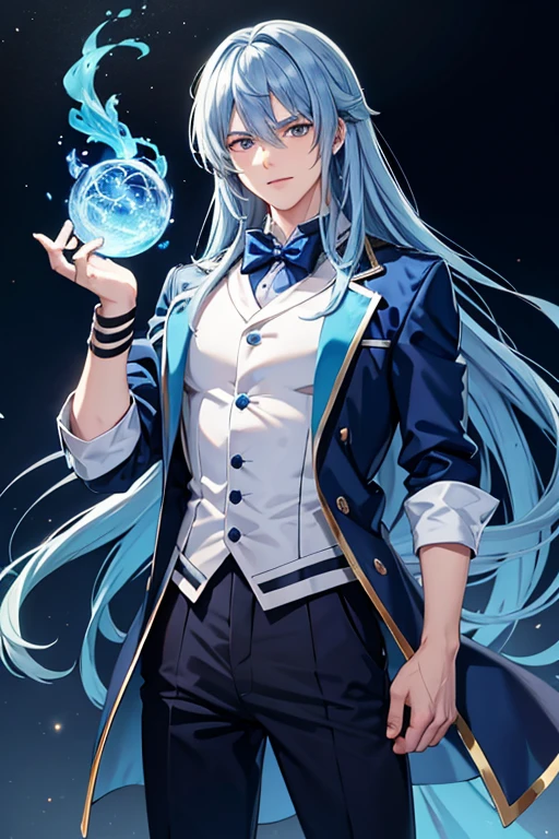A blue haired male student with silver eyes and long hair in a magical  is playing with blue flames at night