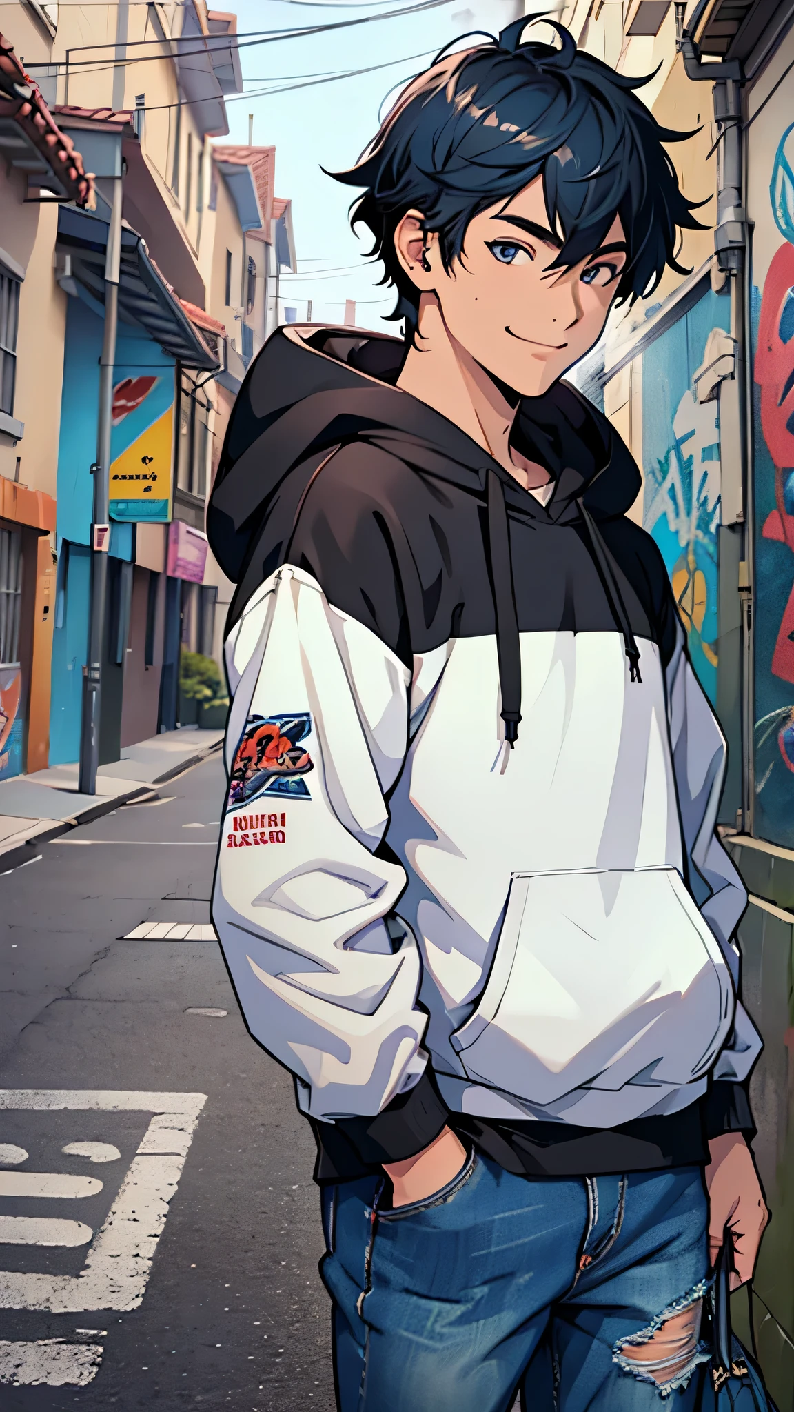 最high quality、Best image quality、masterpiece、male((20-year-old、Otaku style,Black hoodie、Blue denim trouseressy Hair、Muscle chamber、smile、earphone jack、Holding a spray can、Put on the hood)),high quality、Beautiful art、background((wall、graffiti))、Flight、Flying debris、Written boundary depth、movie、Visual Arts、Perfect art、8K,Genuine、