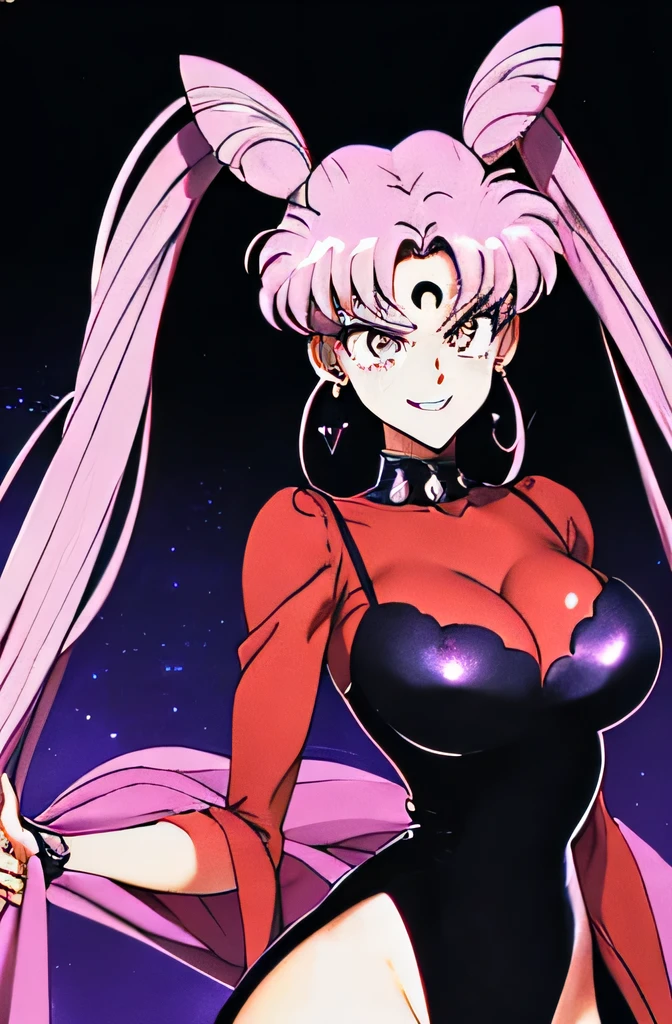 ((masterpiece,best quality)), absurdres,
Black_Lady_Sailor_Moon,
solo, smiling, looking at viewer, cowboy shot, 
cinematic composition, dynamic pose,evil smile,evil smirk,(masterpiece:1.0),(Highest_quality:1.0), 超High resolution,4k,Super detailed, photo shoot, 8K, HDR, High resolution,EPTakeuchiNaokoStyle, 1990s \(style\), anime screencap, retro artstyle, anime coloring, traditional media,face focus,dark aura,black darkness,black mist,black mog,latex,huge amethyst crystal,