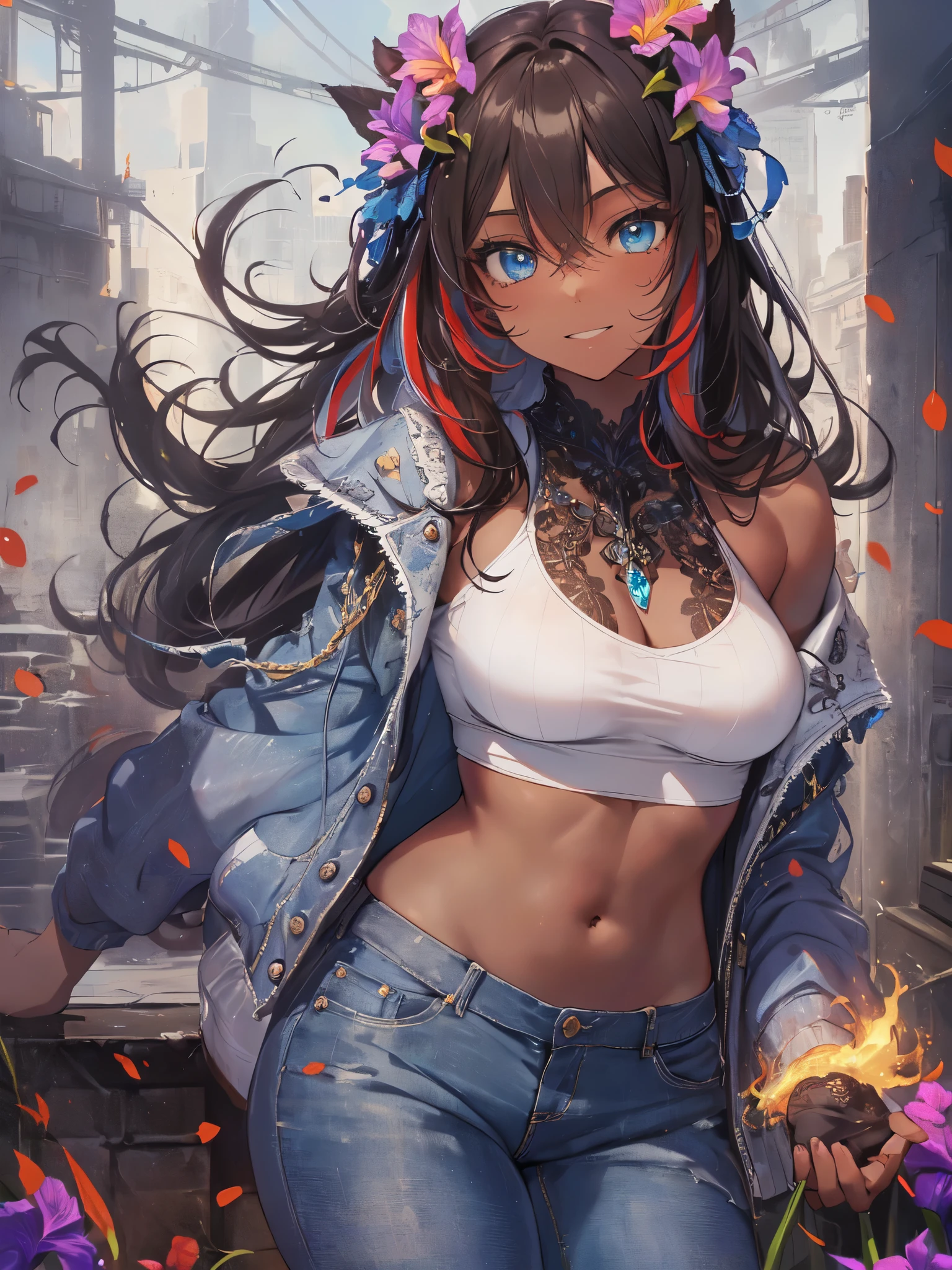 (masterpiece,best quality,ultra detailed,extremely detailed,absolutely resolution,absurdres,8k:1.5),1girl, (holding flame-sword:1.3),(grin), (short-jeans,tanktop,midriff jacket), (solo), (full body:1.5),BREAK,(highly detailed face and eyes:1.5),(dark_skin:1.5),(tribal_tatoos:1.2),(wavy hairs),(long hairs),(messy hair),(asymmetry bangs),(dark brown hair, red streaked hair, blue streaked hair:1.5),(blue-eyes:1.5),(flower hair ornament:1.2),(Intricate Iris Details,Depth and Dimension in the Pupils:1.5),