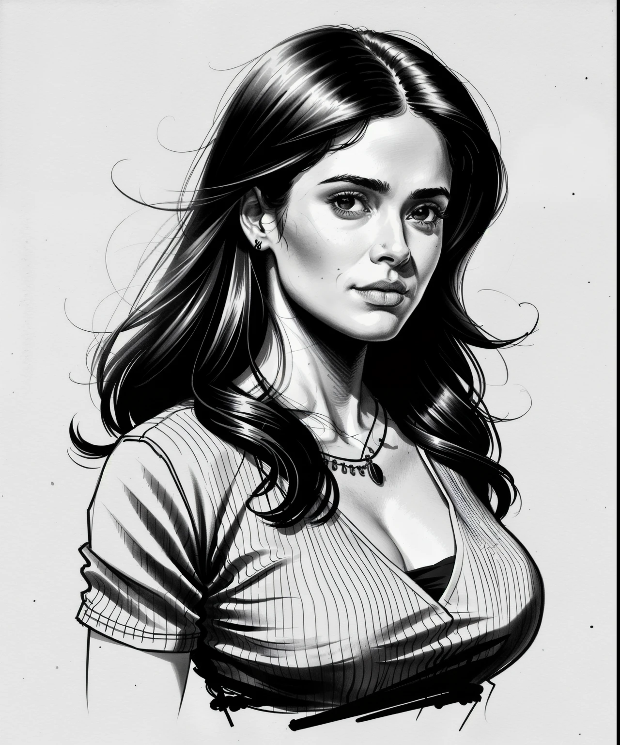 sketch artstyle, Salma Hayek in casual clothes, grayscale, monochrome, ((solo))