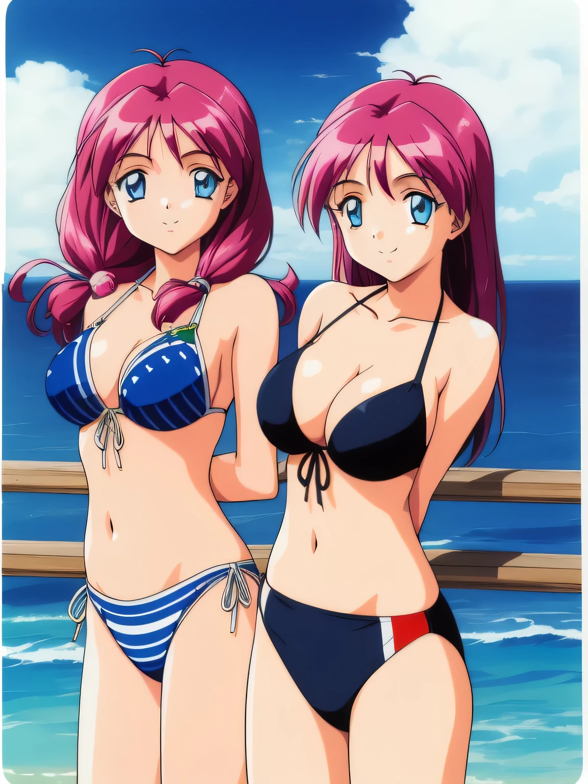 shirayuki, Two Girls, Multiple Girls, twins, smile, brother, Sisters, blue eyes,  Ocean,Swimwear,bikini, retro artstyle, twins, Long Hair,  1990s (style), chest, brother, View audience, city, Day,
masterpiece, expensive quality, very_expensive_solve, big_file size, Full Color,