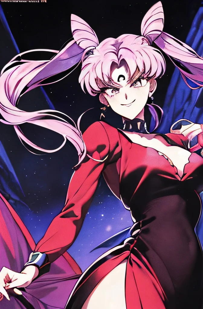 ((masterpiece,best quality)), absurdres,
Black_Lady_Sailor_Moon,
solo, smiling, looking at viewer, cowboy shot,
cinematic composition, dynamic pose,evil smile,evil smirk,(masterpiece:1.0),(Highest_quality:1.0), 超High resolution,4k,Super detailed, photo shoot, 8K, HDR, High resolution,EPTakeuchiNaokoStyle, 1990s \(style\), anime screencap, retro artstyle, anime coloring, traditional media,face focus,dark aura,black darkness,black mist,black mog,latex,huge amethyst crystal,