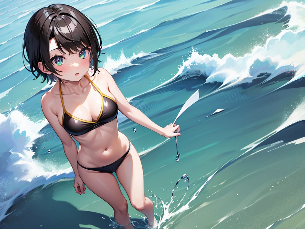 masterpiece, best quality, 4K, a girl, oozora subaru, shy, short hair, black hair, gradient eyes, with sparkling eyes, shiny skin, standing, full body shot, sports bikini,