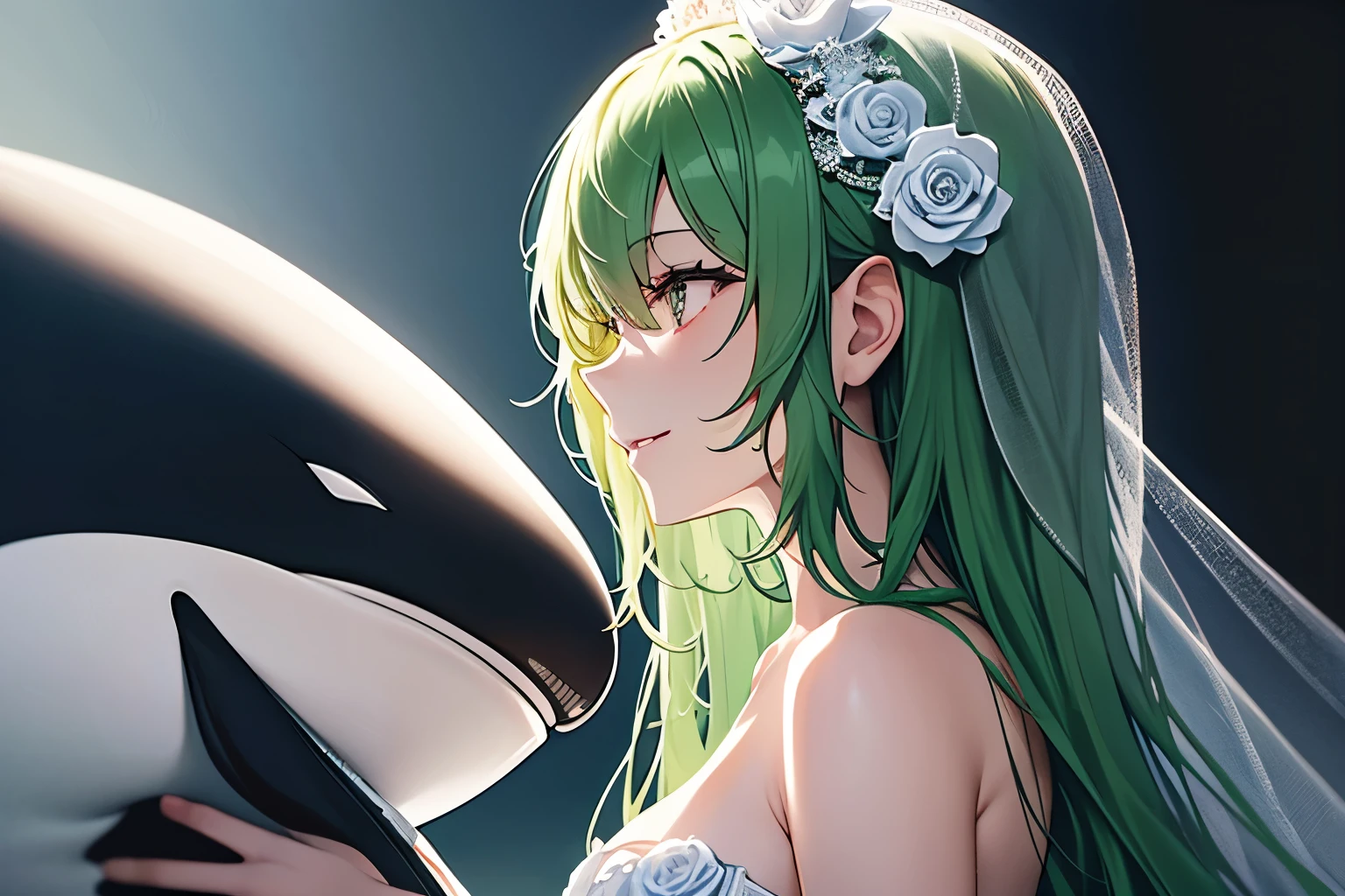 Profile of a single woman, close-up, side view, woman has curly green hair, wears a white wedding dress, wears a white veil, smiles sweetly, holds a stuffed killer whale, fantasy atmosphere, soft atmosphere, the rose on the bottom left is red, the background is in the sea