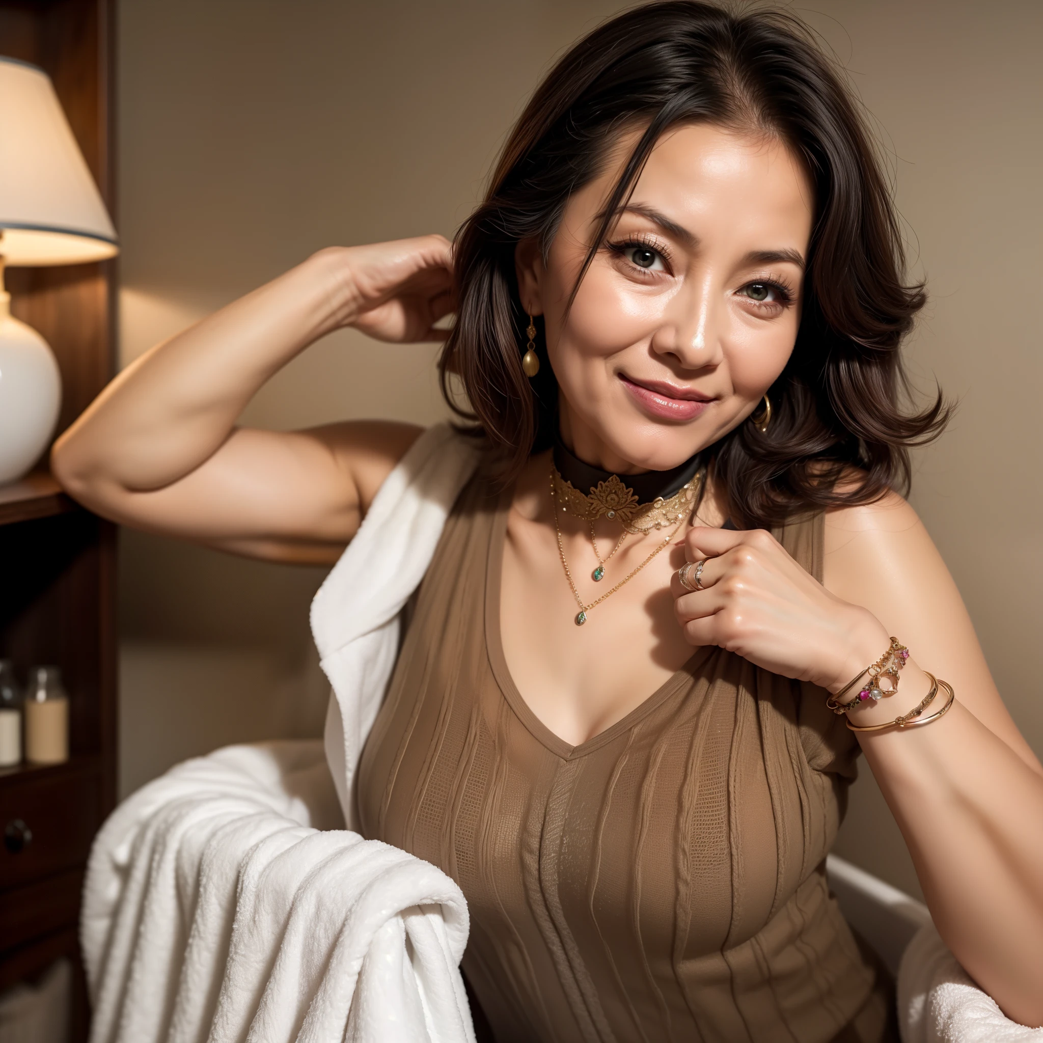 75 years old Mom MILF Chinese Lady large earring Big choker navel piercing decoration A bracelet Silver Hair realisitic Gorgeous Madame Beautiful Mature Woman sexy Smile Gentle woman navel piercing 4K High quality Tank top After bath Rest Room bath towel Bookshelf Gorgeous Madame Beautiful Mature Woman
