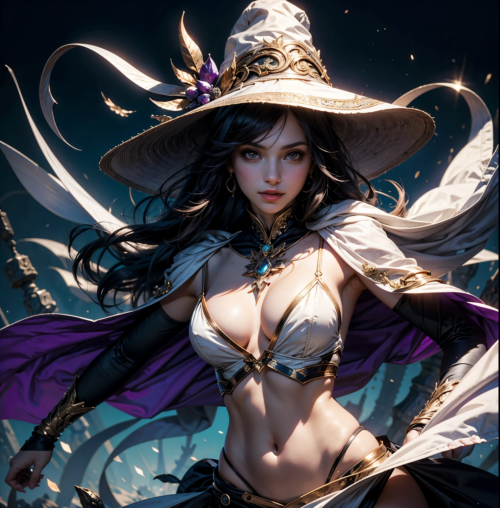 (Dynamic Posing:1.5), (Colorful:1.2), Dynamic Angle, (Highly detailed CG Unity 16K wallpaper:1.1), (Denoising strength: 1.45), (tmasterpiece:1.37), Beautiful cute gothic dark magical girl in witch style , wearing witch hat, Her magic is dark, Glowing purple, Evil, smiling evil cute smile, Magical glowing aura, Powerful, Ultra Power, The power to shine, Magical powers, Cute white face, Purple and red glowing magic, (incredible details, Cinematic Ultra Wide Angle, Dark background, Depth of failure, Hyper Detailed, Insane details, High resolution, Incredible quality, dynamic shot, starrystarscloudcolorful, Ambilight, ultra-quality, (ultra detailed original illustration), double exposure, fussion of fluid abstract art, glitched, (original illustration composition), (maximalism artstyle, geometric artstyle, junk art), ((1girl in:1.4)), (very detailed beautiful face and eyes), eastern dragon, Floating Full Body, Hyper realistic, Cinematic lighting, Soft lighting, god rays, spark of light, masutepiece,beautifull hands,Perfect fingers,Perfect fingers,Perfect fingers