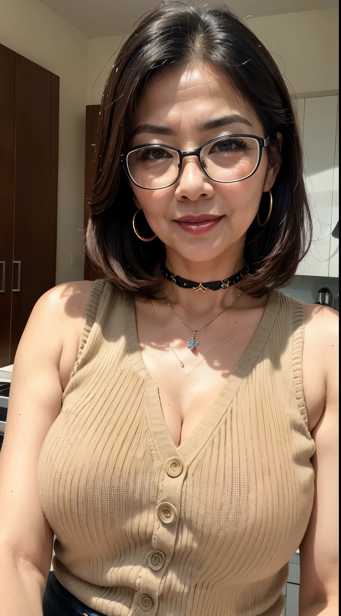 Tank Top Khaki Knitwear 60 years old Mom MILF Korean Lady large earring Big choker navel piercing decoration A bracelet Silver Hair realisitic Gorgeous Madame Beautiful Mature Woman sexy Smile Gentle woman navel piercing 4K High quality glasses kitchen Gorgeous Madame Beautiful Mature Woman