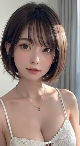 (((highest quality、8k、masterpiece)))、sharp focus、cinematic lighting、soft light、high resolution skin:1.3、realistic skin texture、30 year old mature woman、small face、no makeup、short hair、dark brown hair、detailed beautiful eyes、small breasts、、bust B cup、wearing a pendant、sexy pose、Slender body type、Cool beauty、gray background
