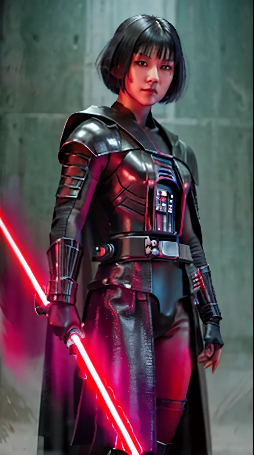 15 years old oriental girl, short bob cut black hair, bang, evil grin, pale skin, sith lord from star wars, wearing dark armor, black cape, holding a red lightsaber, modelling pose, cowboy shot, Ultra high res, uhd, (photorealistic:1.4), lighting from below