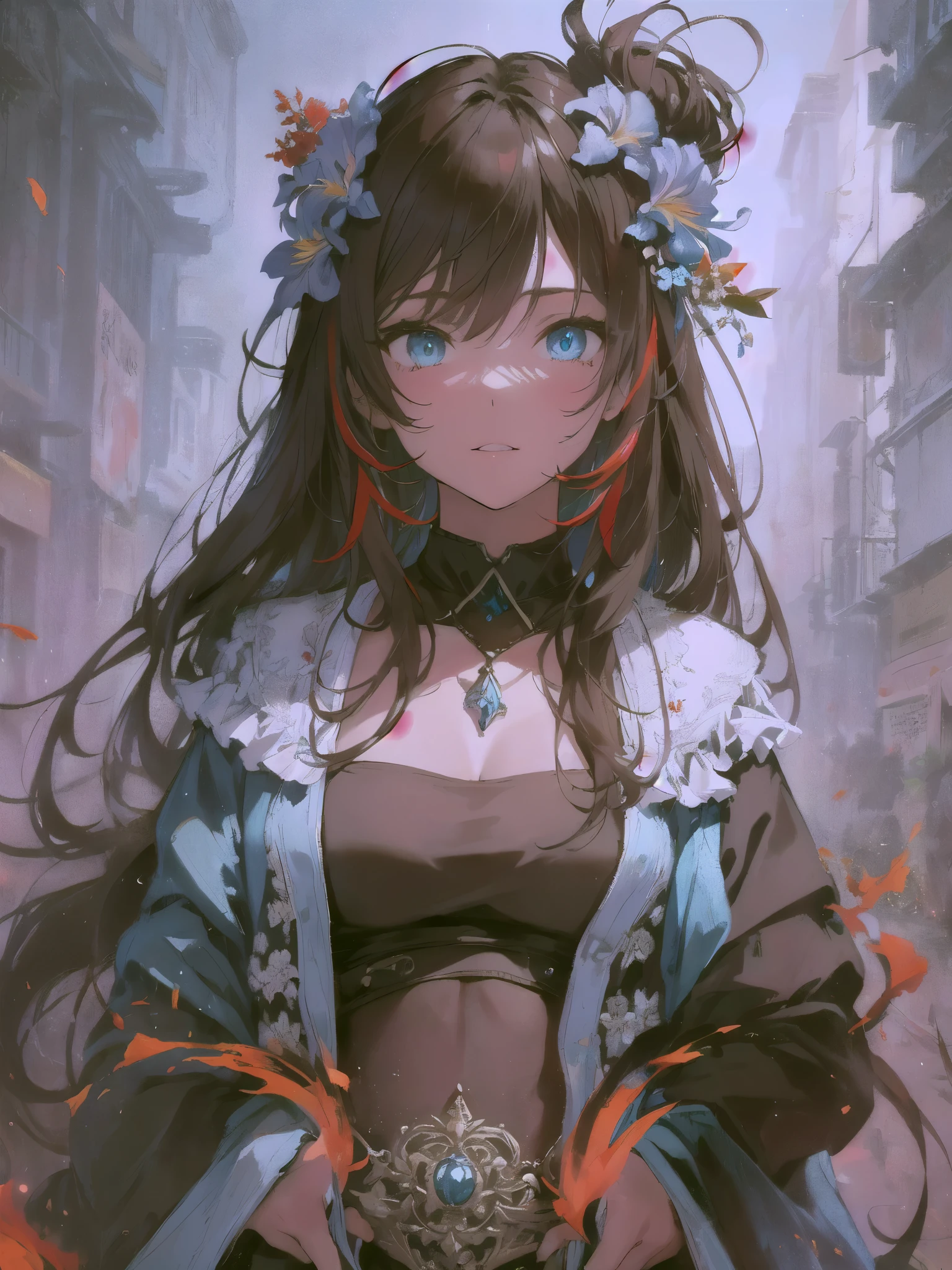 (masterpiece,best quality,ultra detailed,extremely detailed,absolutely resolution,absurdres,8k:1.5),1girl, (holding flame-sword on one's shoulder:1.5),(evil grin), (short-jeans,tanktop,midriff jacket), (solo), (full body:1.5), simple and flat background, BREAK,(highly detailed face and eyes:1.5),(dark_skin:1.5),(tribal_tatoos:1.2),(wavy hairs),(long hairs),(messy hair),(asymmetry bangs),(dark brown hair, red streaked hair, blue streaked hair:1.5),(blue-eyes:1.5),(flower hair ornament:1.5),(Intricate Iris Details,Depth and Dimension in the Pupils:1.5),