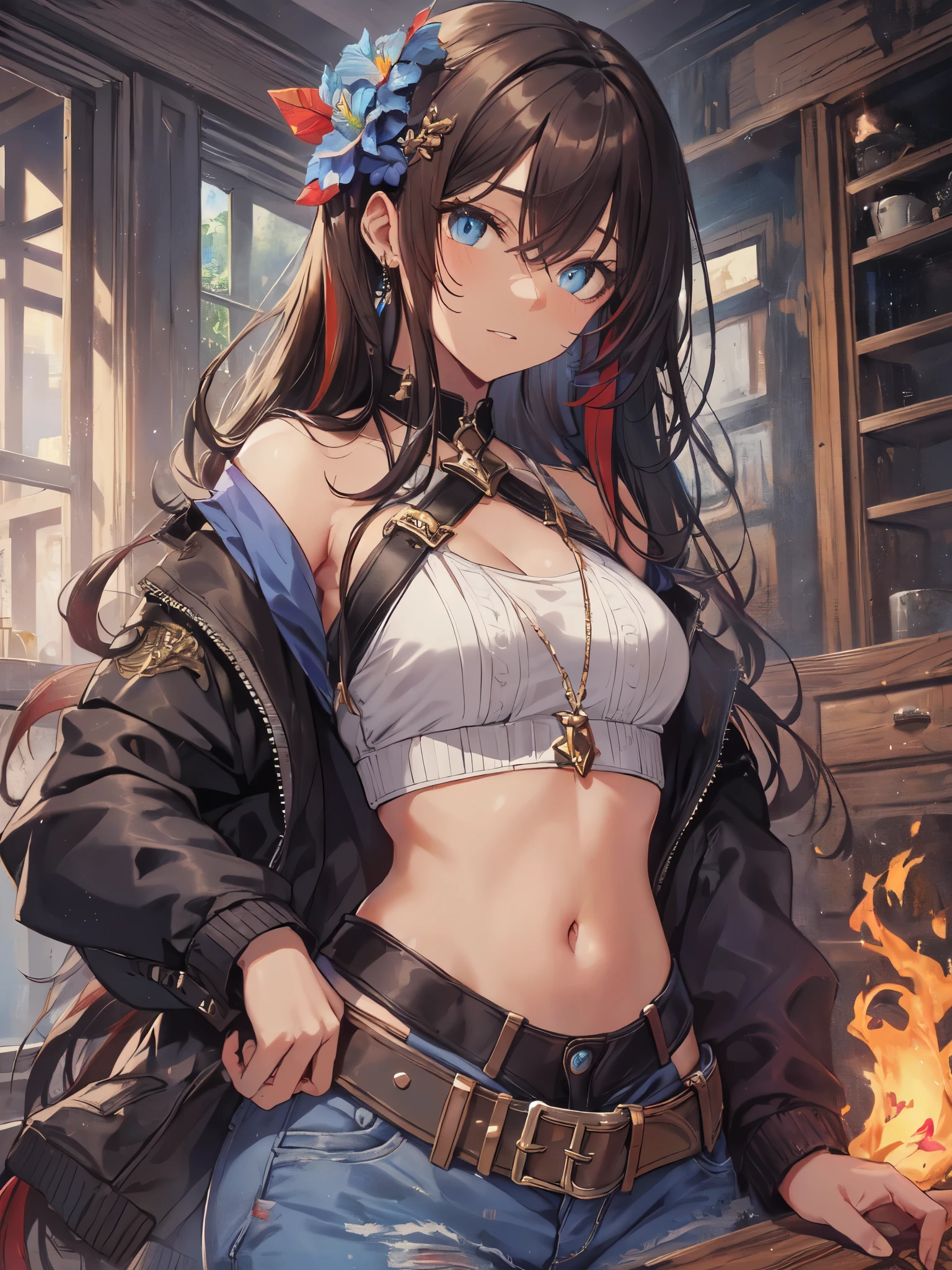 (masterpiece,best quality,ultra detailed,extremely detailed,absolutely resolution,absurdres,8k:1.5),1girl, (holding flame-sword on one's shoulder:1.5),(evil grin), (short-jeans,tanktop,midriff jacket), (solo), (full body:1.5), simple and flat background, BREAK,(highly detailed face and eyes:1.5),(dark_skin:1.5),(tribal_tatoos:1.2),(wavy hairs),(long hairs),(messy hair),(asymmetry bangs),(dark brown hair, red streaked hair, blue streaked hair:1.5),(blue-eyes:1.5),(flower hair ornament:1.5),(Intricate Iris Details,Depth and Dimension in the Pupils:1.5),