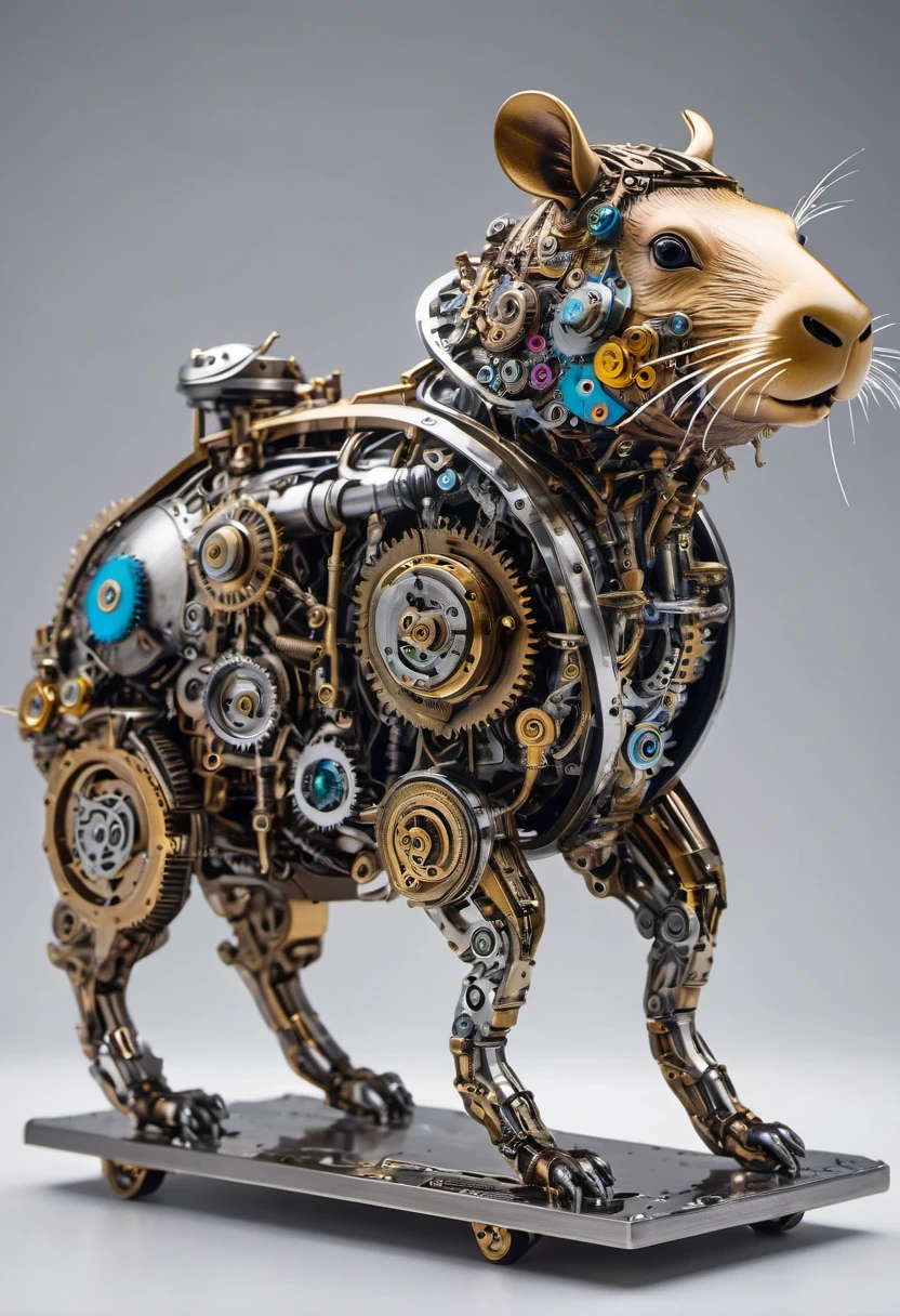 best quality,Super detailed,Practical,Mechanical,robot,Capybara Sculpture,Detailed gears and gears,Stainless steel,moving parts,Industrial aesthetics,mechanical,Vaporpunk,Shiny metal surface,Sharp edges and angles,Bright studio lighting,Colorful LED lights,Mechanical movements,Clock-like precision