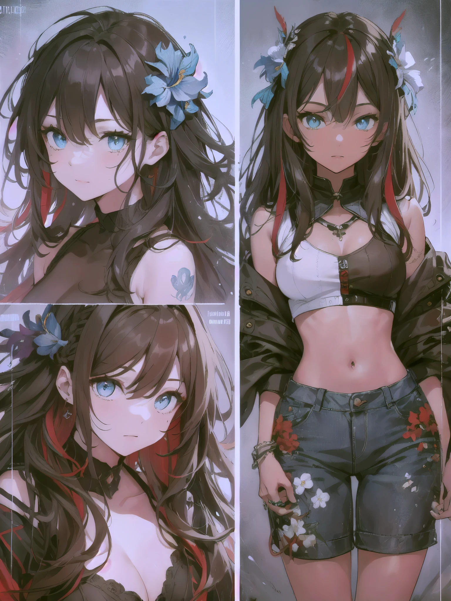 (masterpiece,best quality,ultra detailed,extremely detailed,absolutely resolution,absurdres,8k:1.5),1girl, (holding flame-sword on one's shoulder:1.5),(evil grin), (short-jeans,tanktop,midriff jacket), (solo), (full body:1.5), simple and flat background, BREAK,(highly detailed face and eyes:1.5),(dark_skin:1.5),(tribal_tatoos:1.2),(wavy hairs),(long hairs),(messy hair),(asymmetry bangs),(dark brown hair, red streaked hair, blue streaked hair:1.5),(blue-eyes:1.5),(flower hair ornament:1.5),(Intricate Iris Details,Depth and Dimension in the Pupils:1.5),