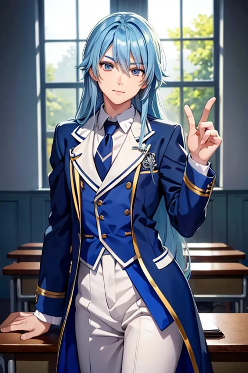 A blue haired male student with silver eyes and long hair in a magical  is posing in the classroom