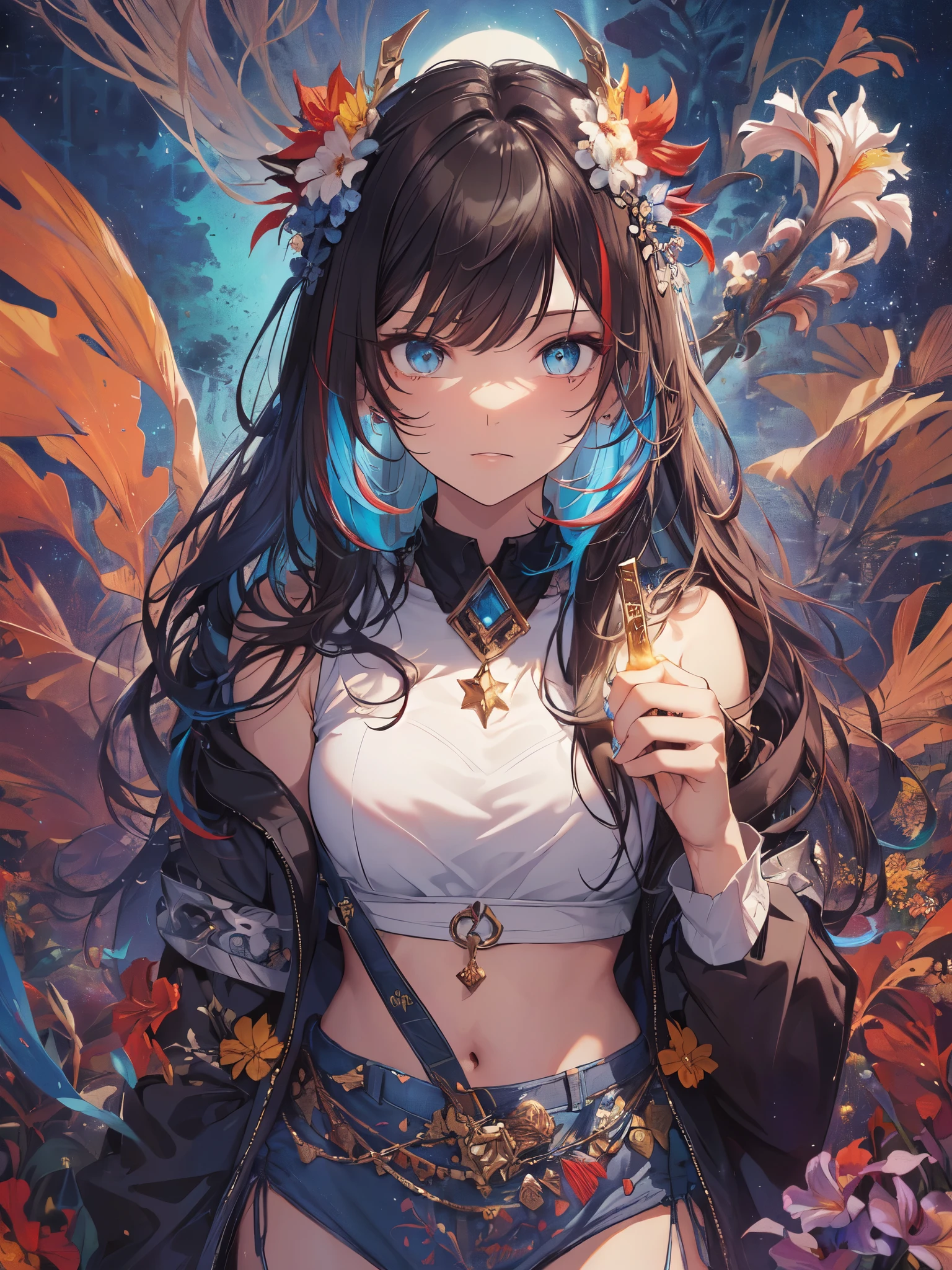 (masterpiece,best quality,ultra detailed,extremely detailed,absolutely resolution,absurdres,8k:1.5),1girl, (holding flame-sword on one's shoulder:1.5),(evil grin), (short-jeans,tanktop,midriff jacket), (solo), (full body:1.5), simple and flat background,  BREAK,(highly detailed face and eyes:1.5),(dark_skin:1.5),(tribal_tatoos:1.2),(wavy hairs),(long hairs),(messy hair),(asymmetry bangs),(dark brown hair, red streaked hair, blue streaked hair:1.5),(blue-eyes:1.5),(flower hair ornament:1.5),(Intricate Iris Details,Depth and Dimension in the Pupils:1.5),